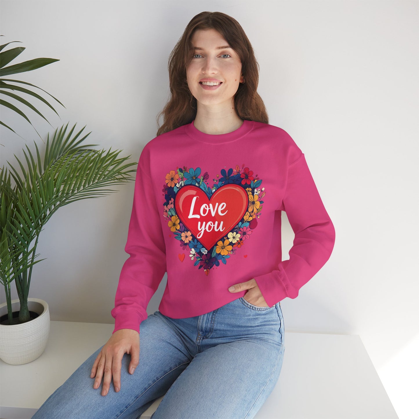 Unisex Floral Heart Sweatshirt Valentines Day Gift Cozy Crewneck Fifty Fifty Blend