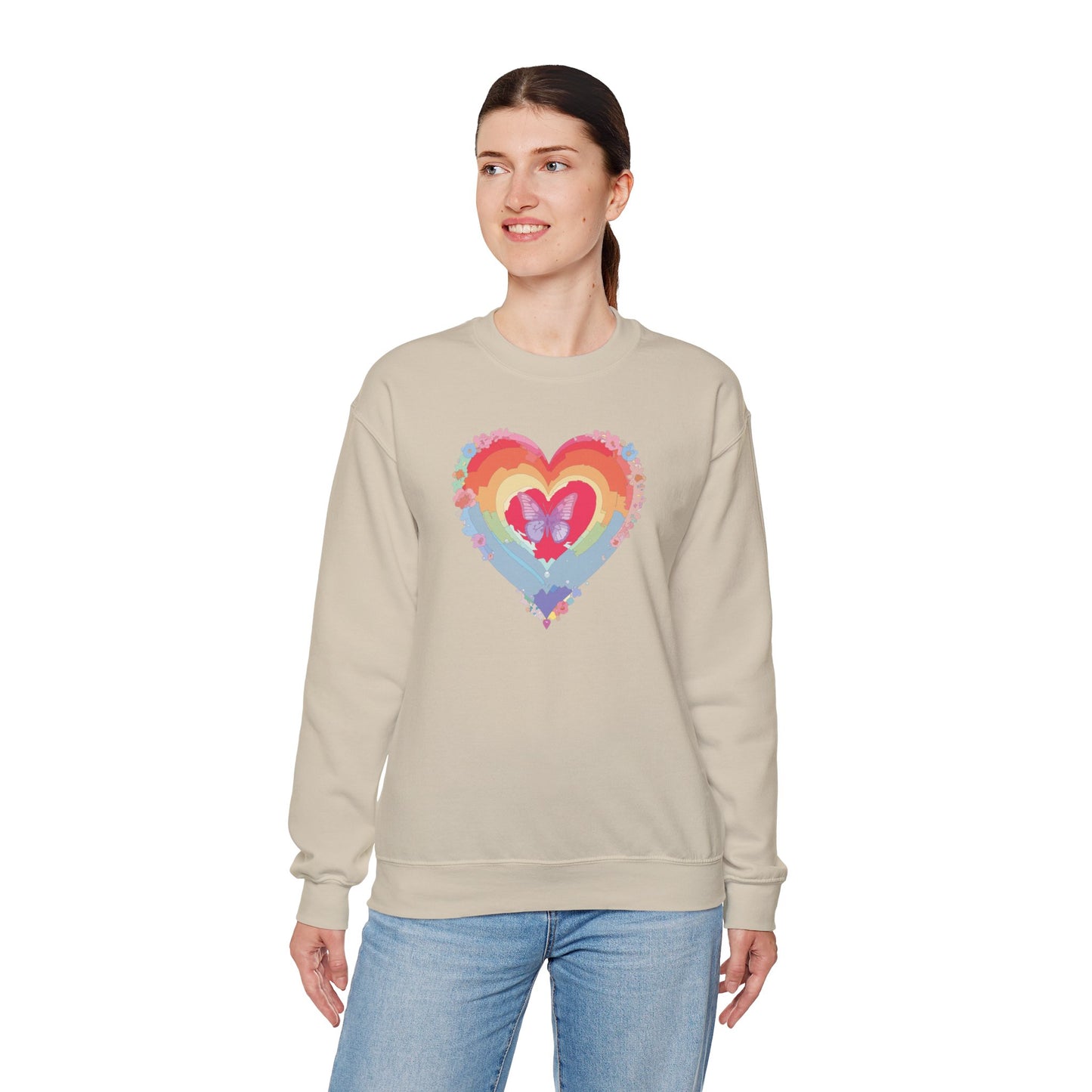 Rainbow Heart Floral Sweatshirt For Valentines Day Unisex Heavy Blend Crewneck Warm