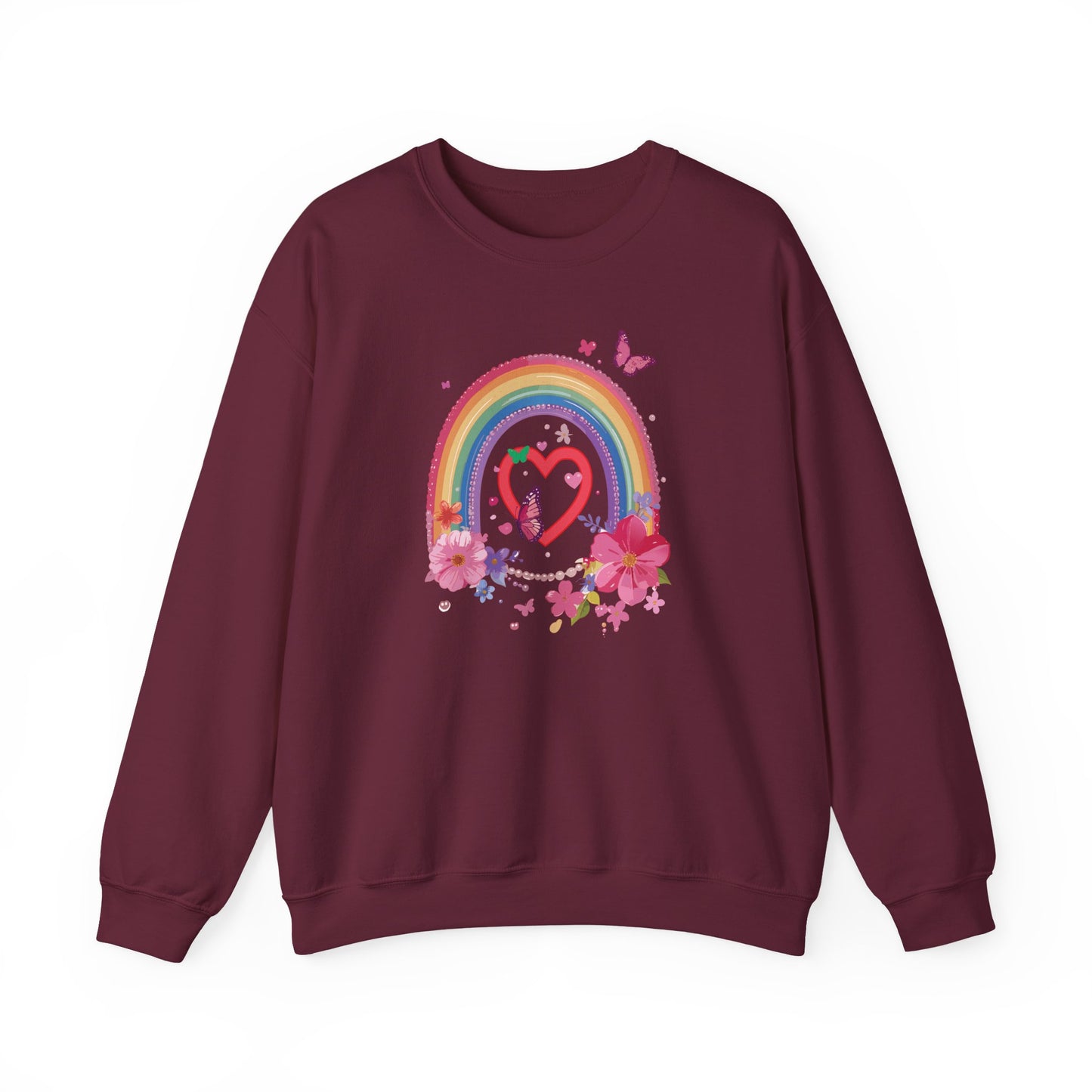 Rainbow Heart Floral Sweatshirt For Valentines Day Unisex Crewneck Gildan 18000 Premium