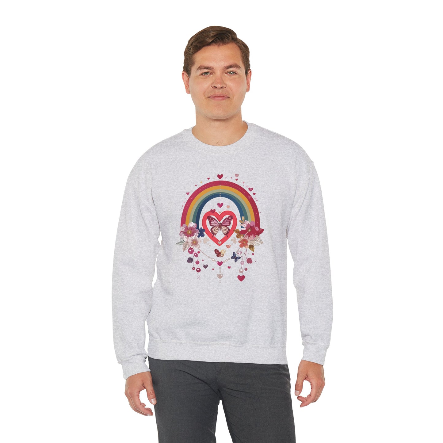 Rainbow Heart Floral Unisex Sweatshirt Crewneck Love Valentine's Day Graphic Gildan 18000