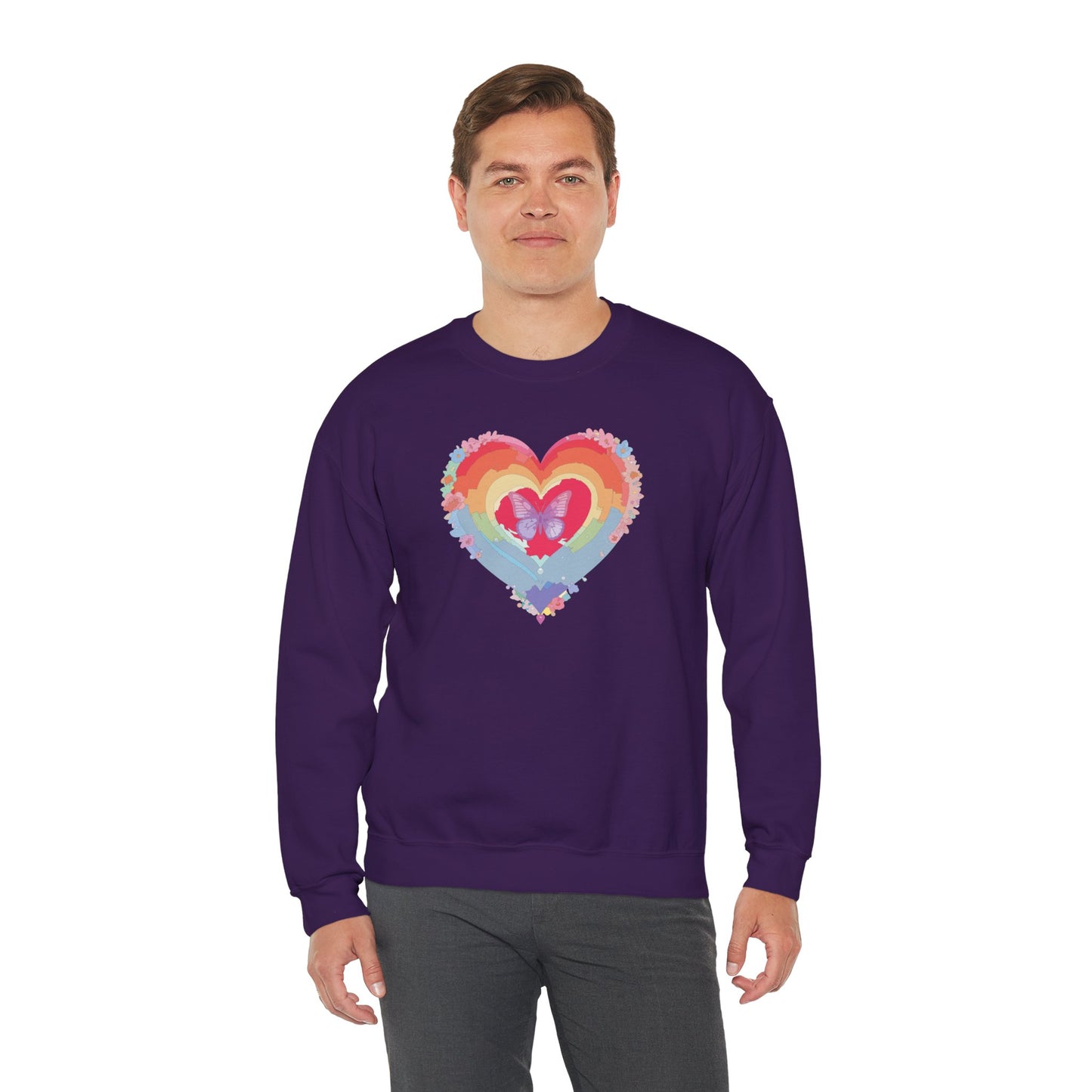 Rainbow Heart Floral Sweatshirt For Valentines Day Unisex Heavy Blend Crewneck Warm