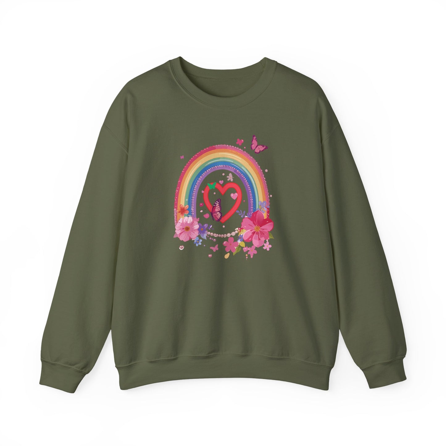 Rainbow Heart Floral Sweatshirt For Valentines Day Unisex Crewneck Gildan 18000 Premium