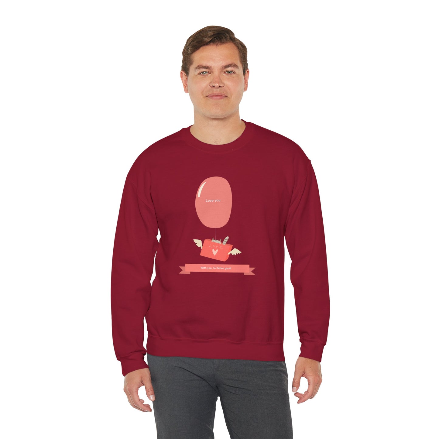 Cat Love Balloon Sweatshirt Unisex Fifty Fifty Cotton Poly Valentine Heavy Blend Crewneck Sweatshirt