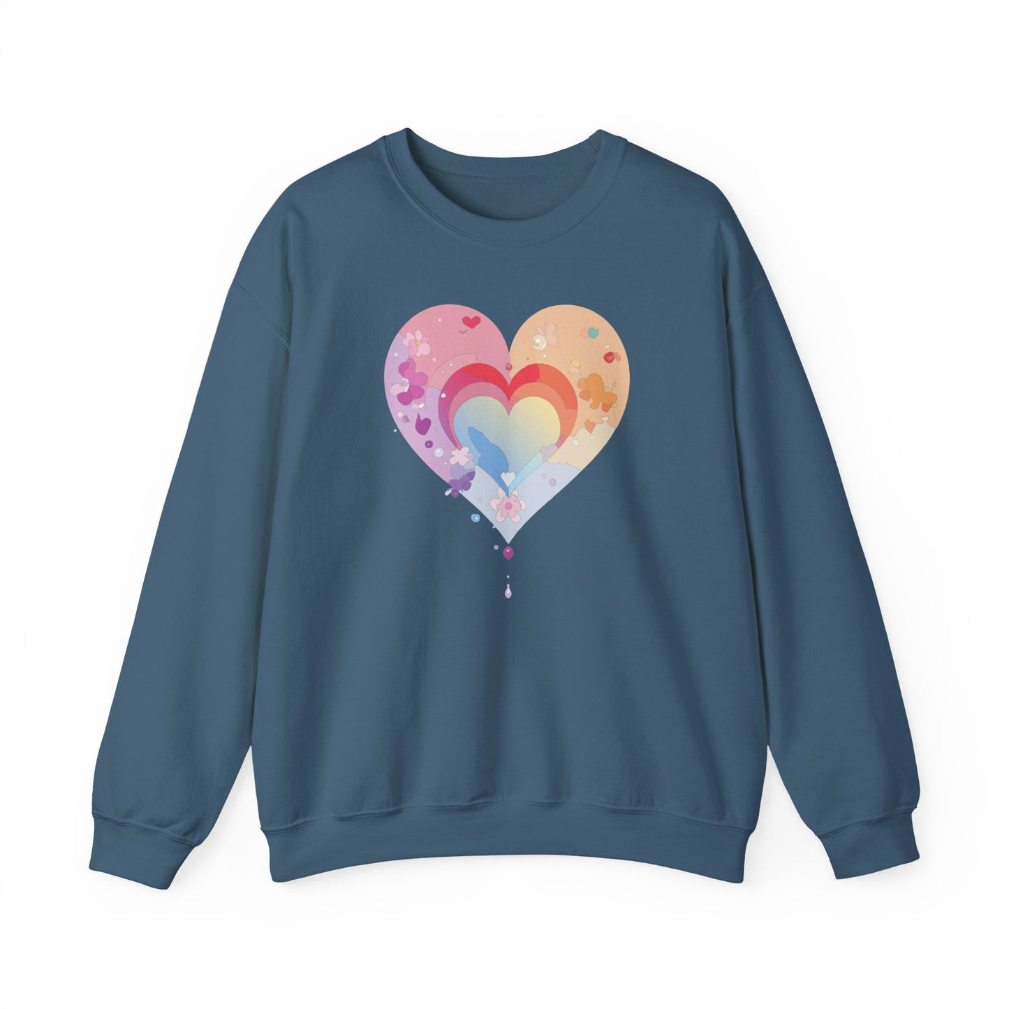 Rainbow Heart Floral Sweatshirt Unisex Valentines Day Gift Cozy Crewneck Sweatshirt