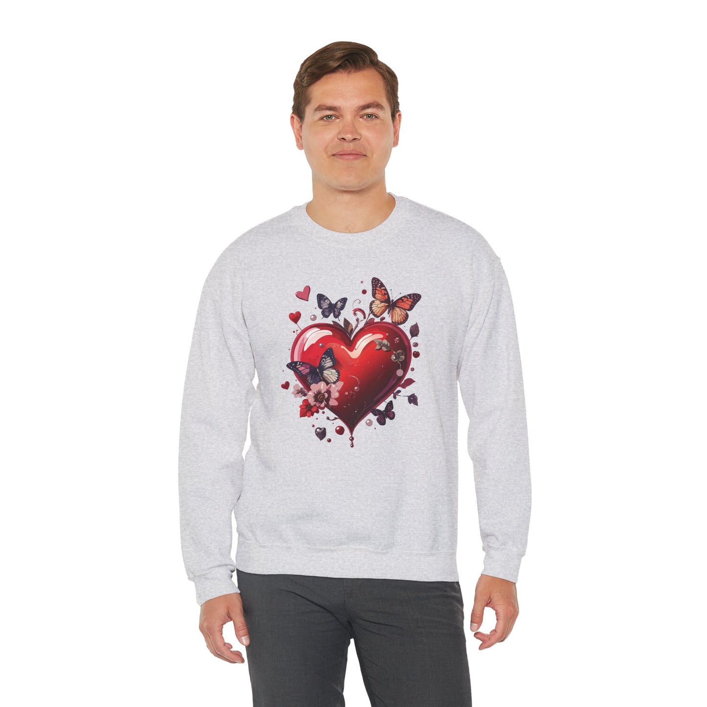 Unisex Heavy Blend Crewneck Sweatshirt Red Heart Floral Design Valentines Day Gift