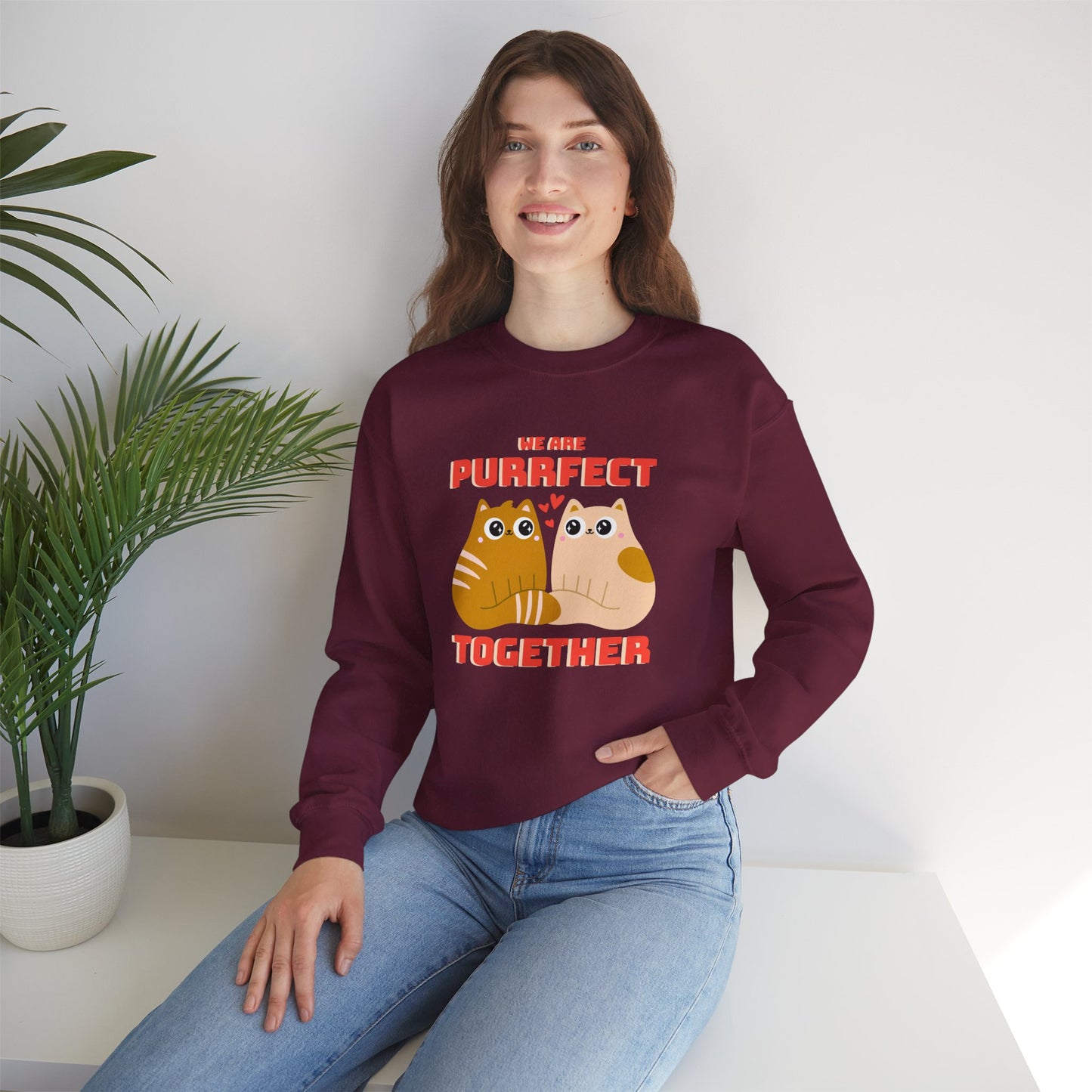 Cat Heart Sweatshirt Unisex 50/50 Cotton-Poly Blend Valentine Gift For Cat Lovers