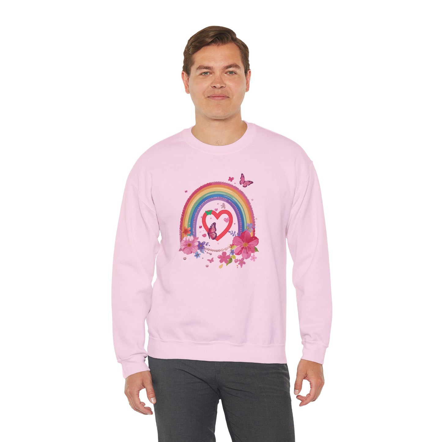 Rainbow Heart Floral Sweatshirt For Valentines Day Unisex Crewneck Gildan 18000 Premium