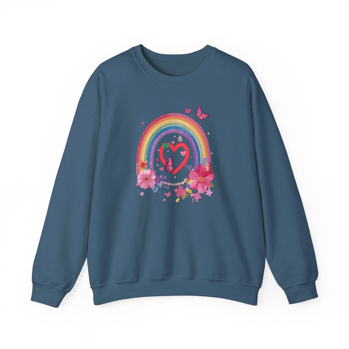 Rainbow Heart Floral Sweatshirt For Valentines Day Unisex Crewneck Gildan 18000 Premium