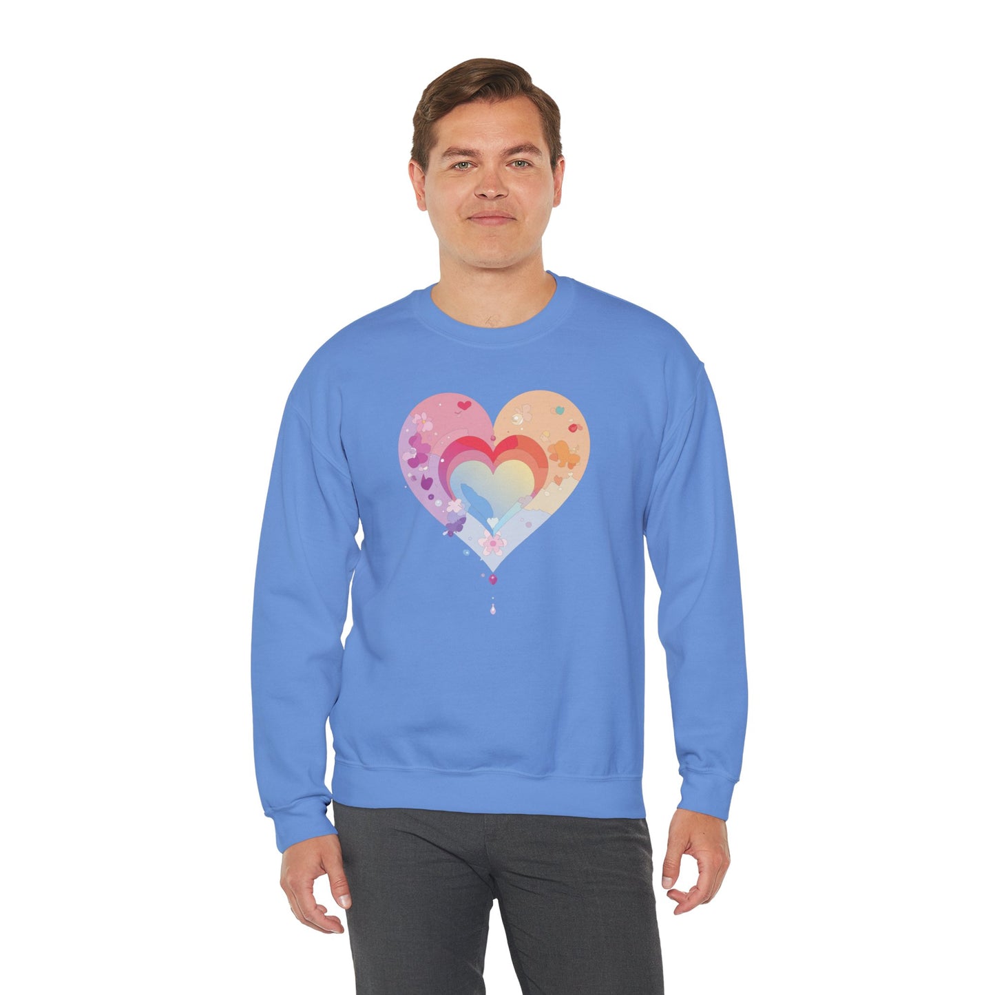 Rainbow Heart Floral Sweatshirt Unisex Valentines Day Gift Cozy Crewneck Sweatshirt