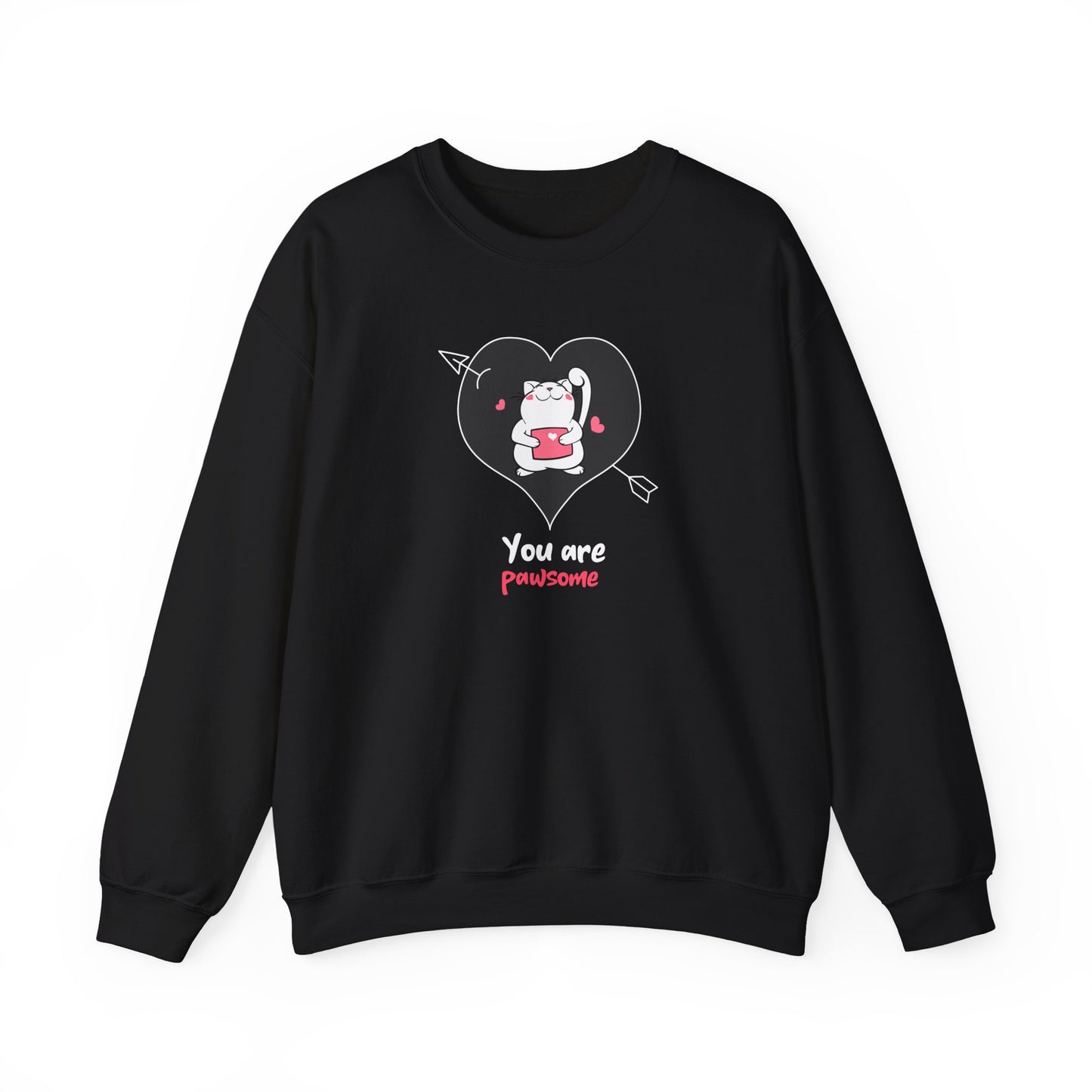 Cat Heart Sweatshirt Unisex Valentines Day Fifty Fifty Cotton Poly Crewneck Gildan 18000