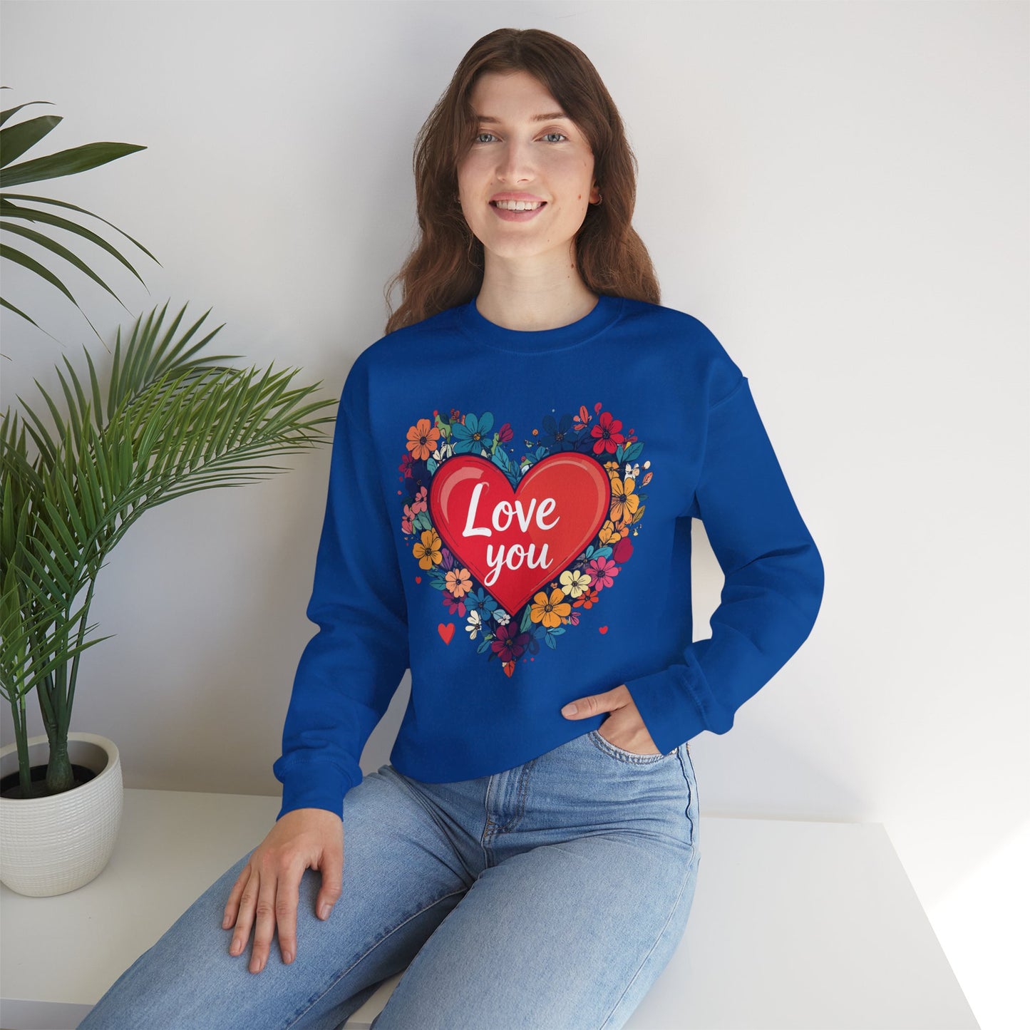 Unisex Floral Heart Sweatshirt Valentines Day Gift Cozy Crewneck Fifty Fifty Blend