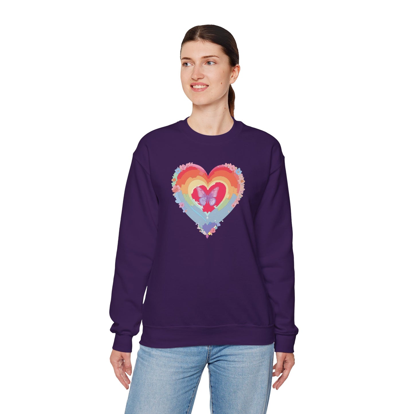 Rainbow Heart Floral Sweatshirt For Valentines Day Unisex Heavy Blend Crewneck Warm