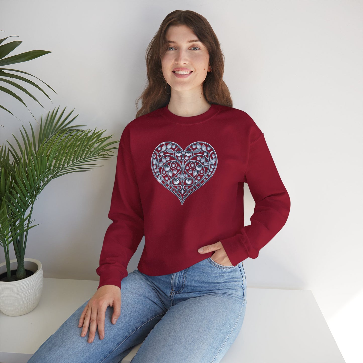 Big Crystal Heart Sweatshirt Unisex Fifty Fifty Cotton Poly Crewneck Valentines Day Sweatshirt