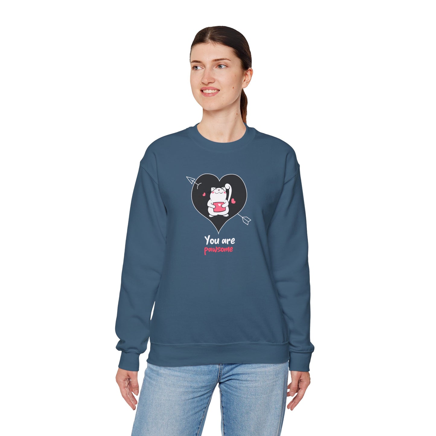 Cat Heart Sweatshirt Unisex Valentines Day Fifty Fifty Cotton Poly Crewneck Gildan 18000