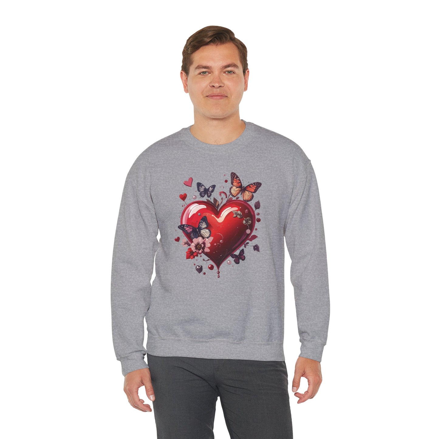 Unisex Heavy Blend Crewneck Sweatshirt Red Heart Floral Design Valentines Day Gift