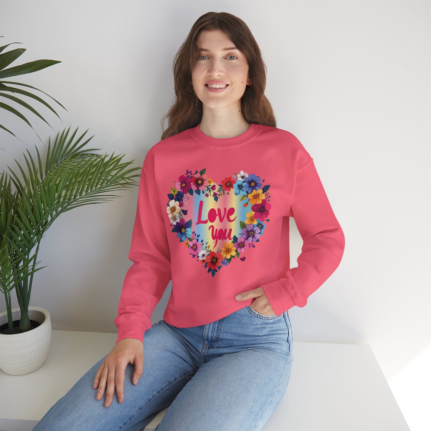Valentines Day Floral Heart Sweatshirt Unisex Crewneck Floral Love You Gildan 18000 Heavy Blend