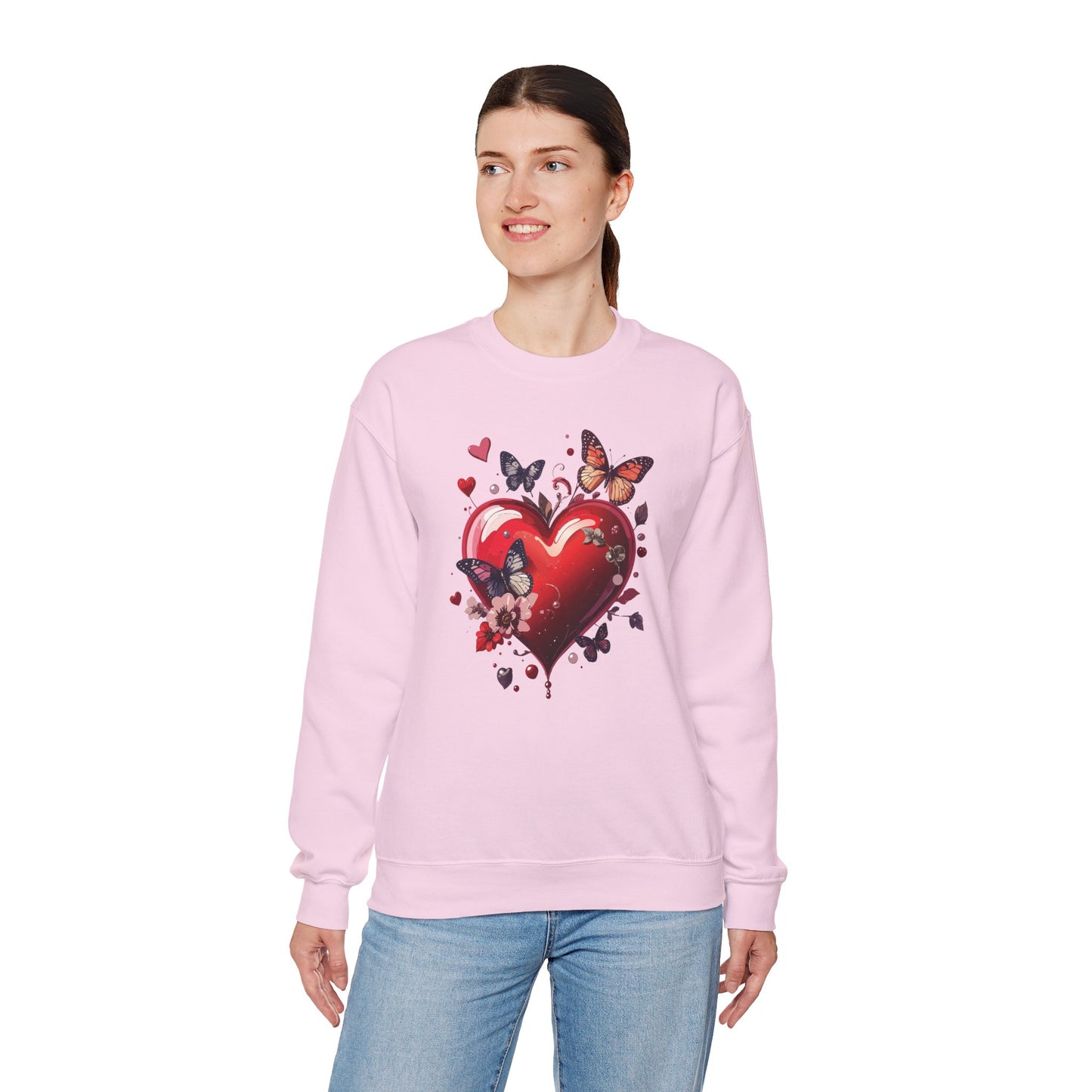 Unisex Heavy Blend Crewneck Sweatshirt Red Heart Floral Design Valentines Day Gift