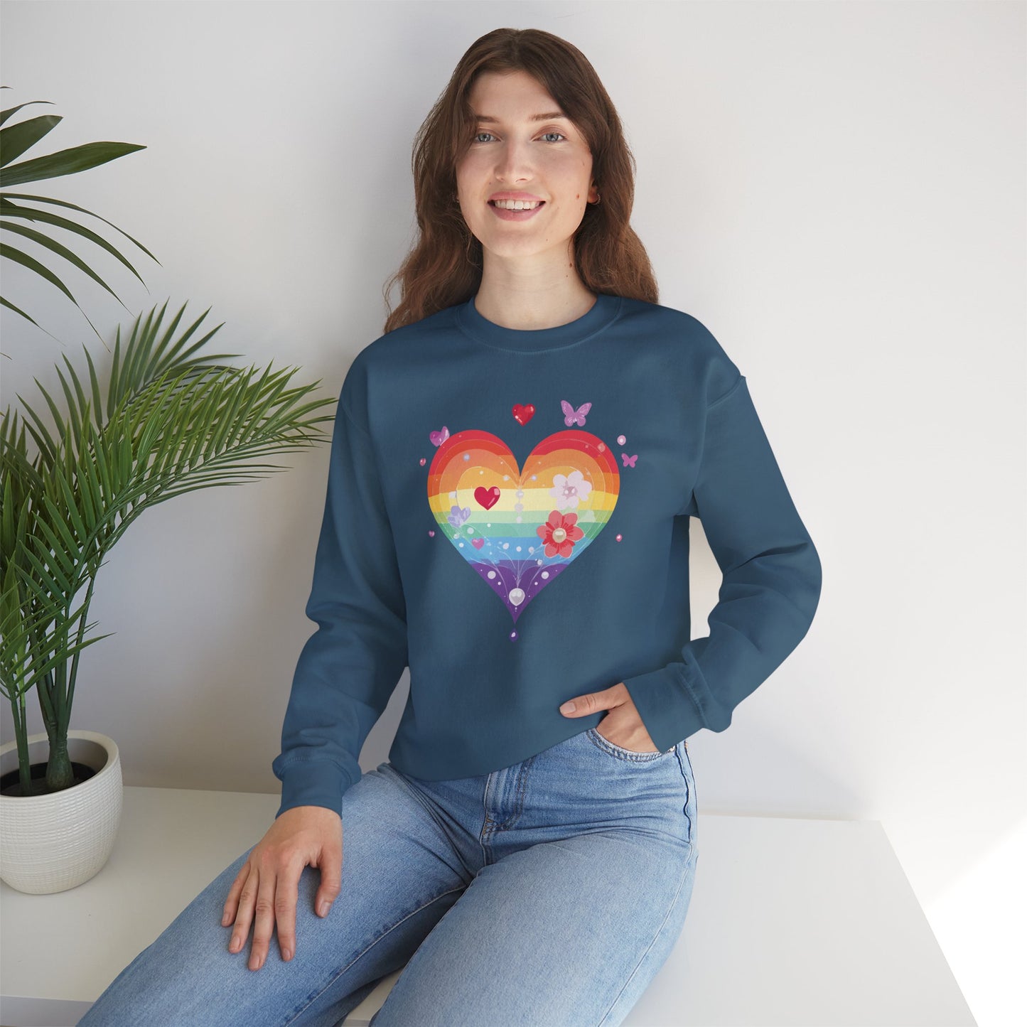 Rainbow Heart Floral Sweatshirt Unisex Valentines Day Graphic Love Sweatshirt Gift Idea