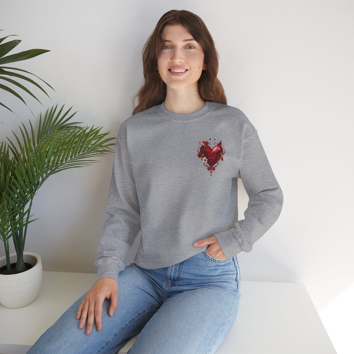 Floral Red Heart Sweatshirt Unisex Valentines Day Love Print Cozy Heavy Blend Crewneck