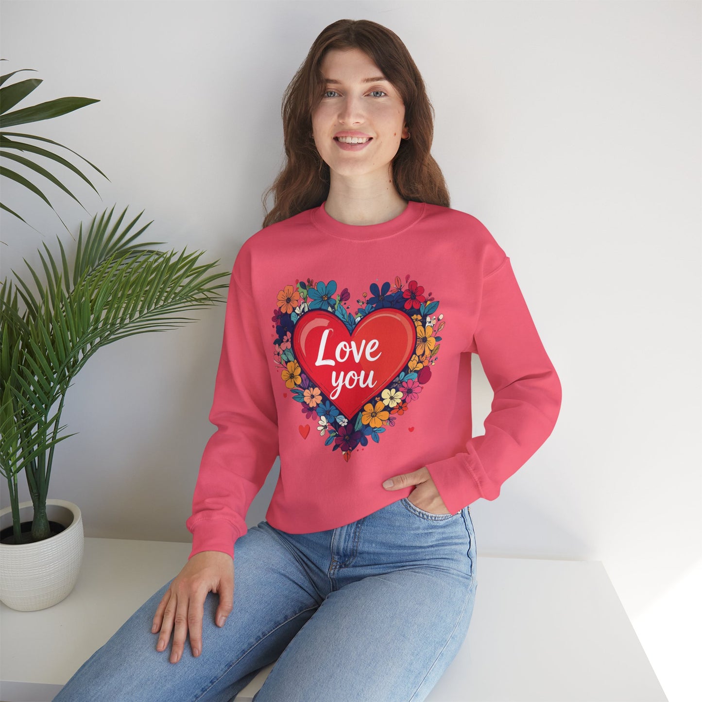 Unisex Floral Heart Sweatshirt Valentines Day Gift Cozy Crewneck Fifty Fifty Blend