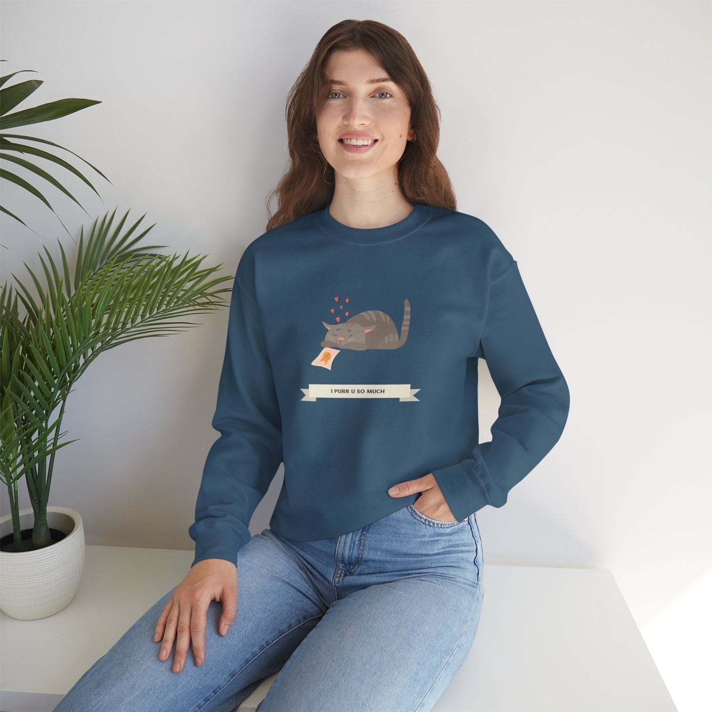 Cat Heart Sweatshirt Unisex 50/50 Cotton Poly Valentine Day Crewneck Gildan 18000