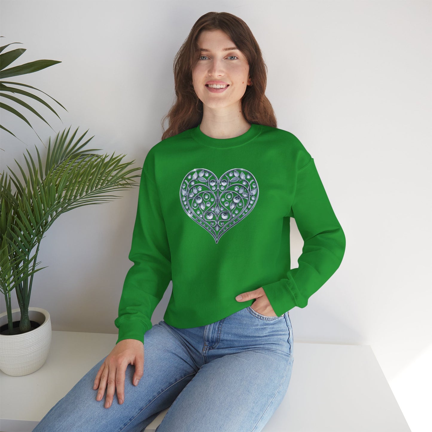 Big Crystal Heart Sweatshirt Unisex Fifty Fifty Cotton Poly Crewneck Valentines Day Sweatshirt