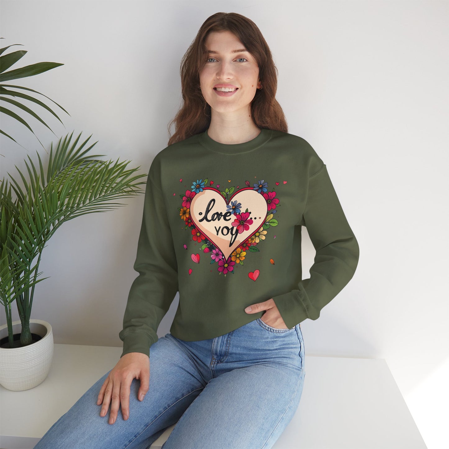 Floral Heart Love Sweatshirt Floral Heart Valentines Day Unisex Crewneck Fifty Fifty Cotton Polyester