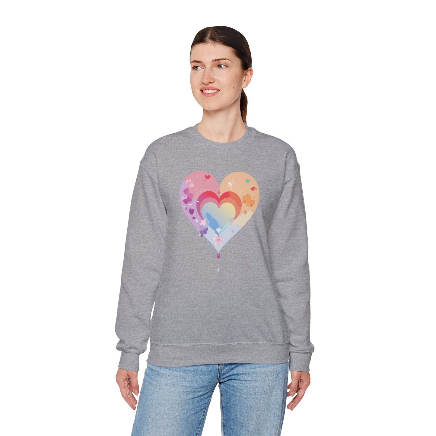 Rainbow Heart Floral Sweatshirt Unisex Valentines Day Gift Cozy Crewneck Sweatshirt