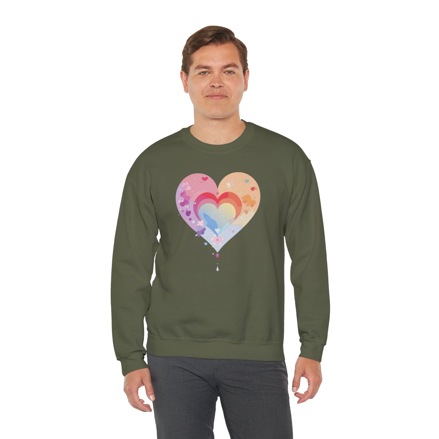 Rainbow Heart Floral Sweatshirt Unisex Valentines Day Gift Cozy Crewneck Sweatshirt