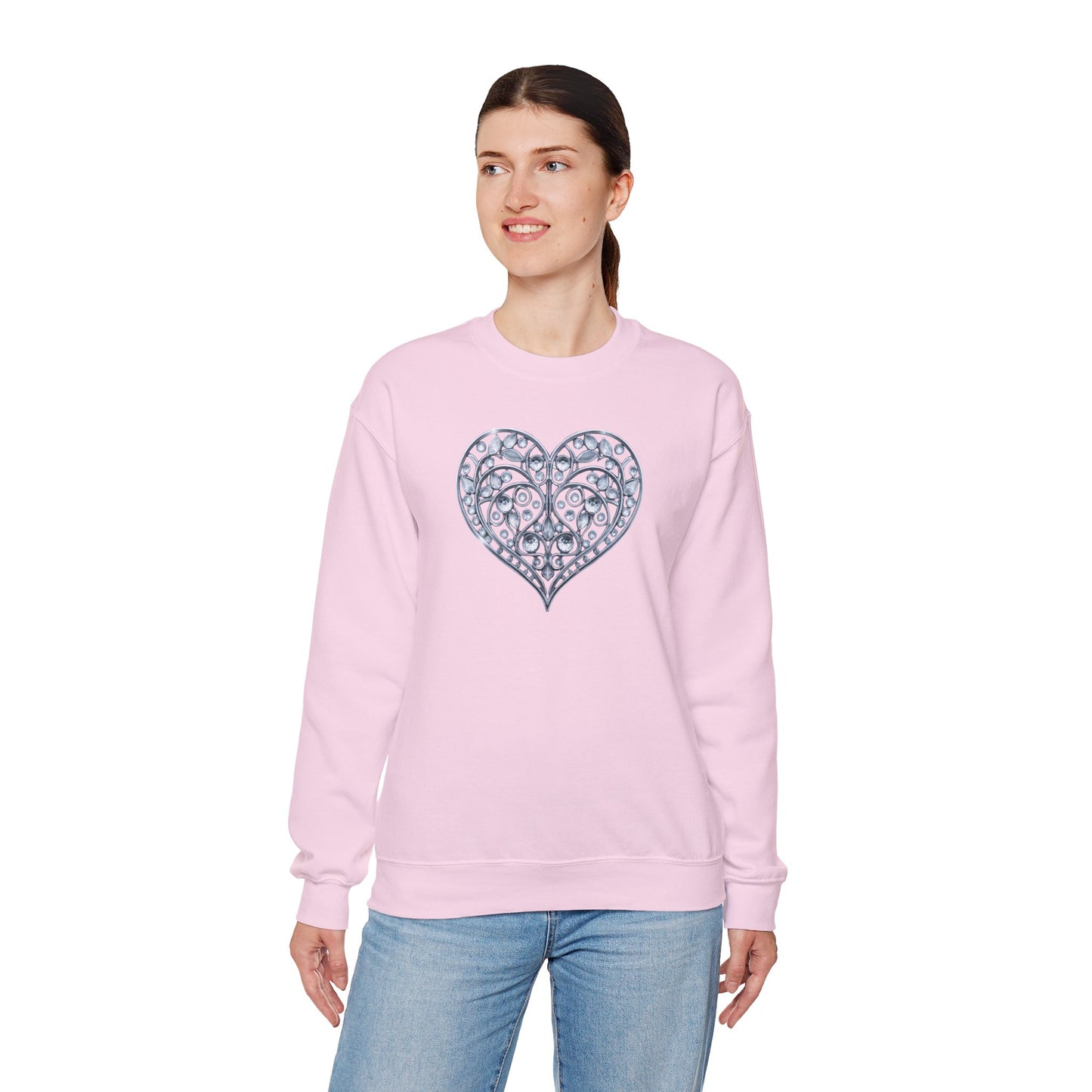 Big Crystal Heart Sweatshirt Unisex Fifty Fifty Cotton Poly Crewneck Valentines Day Sweatshirt