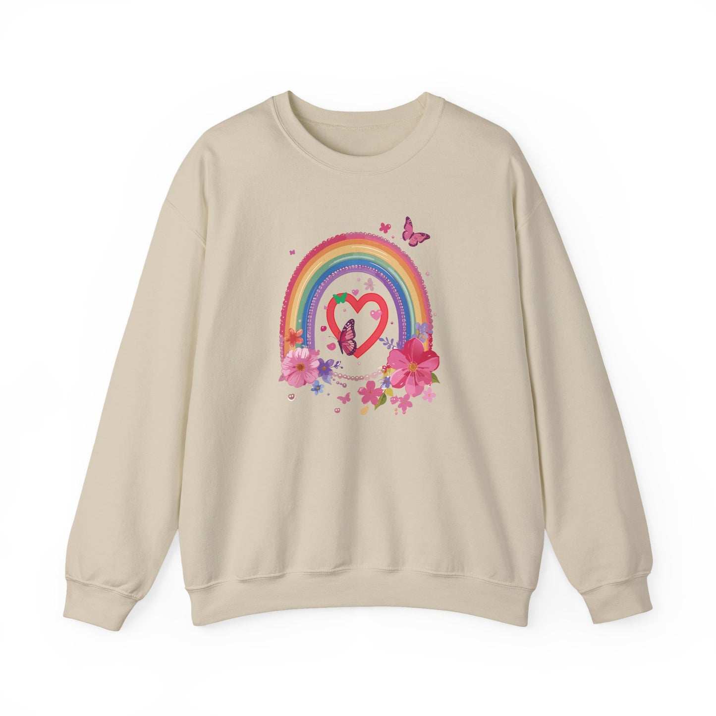 Rainbow Heart Floral Sweatshirt For Valentines Day Unisex Crewneck Gildan 18000 Premium
