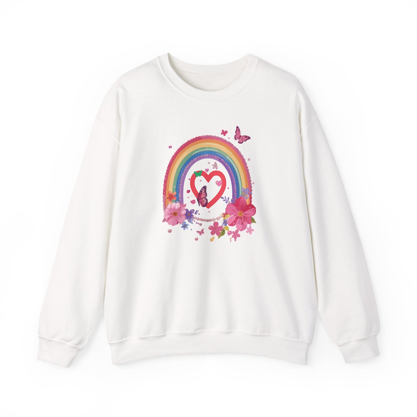 Rainbow Heart Floral Sweatshirt For Valentines Day Unisex Crewneck Gildan 18000 Premium