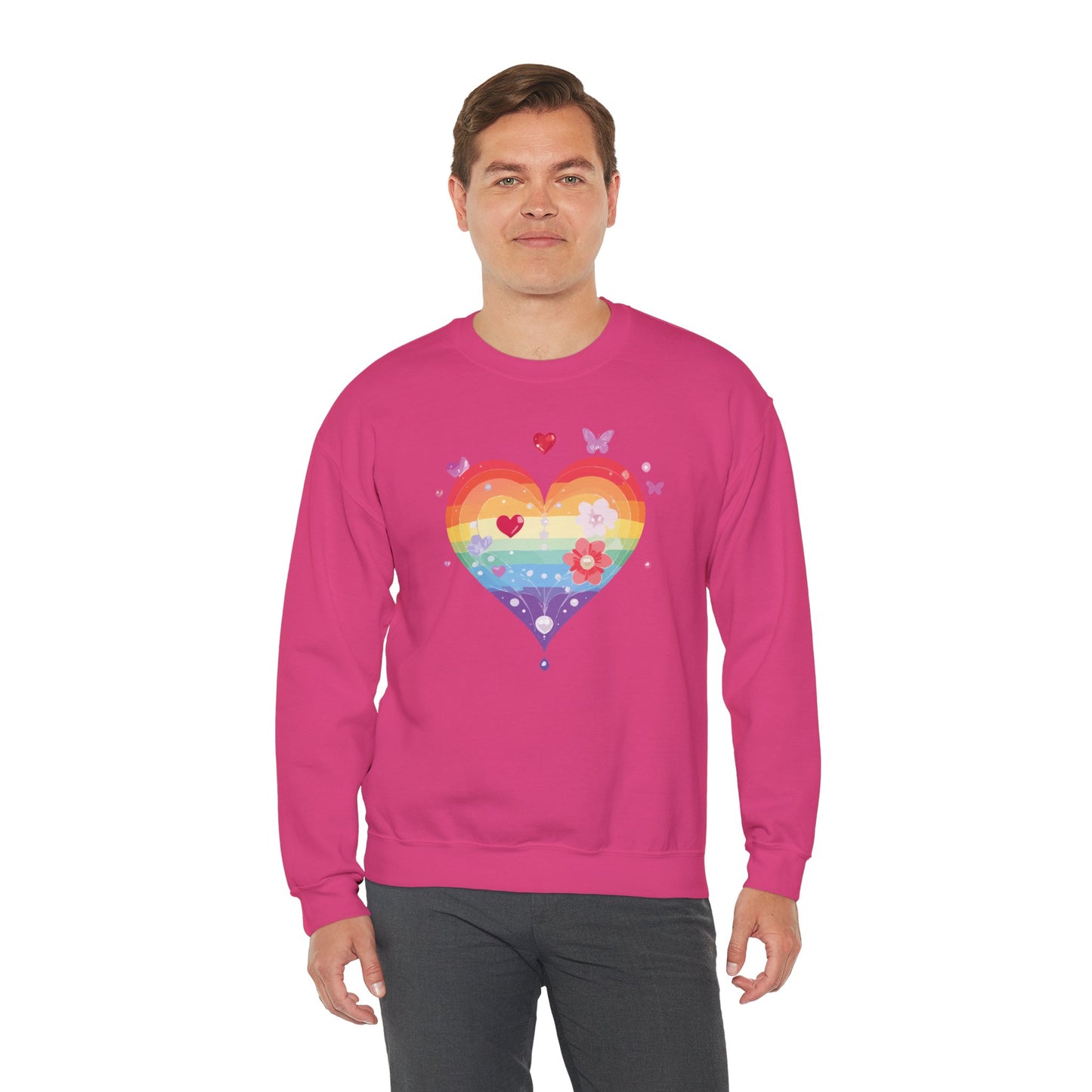Rainbow Heart Floral Sweatshirt Unisex Valentines Day Graphic Love Sweatshirt Gift Idea