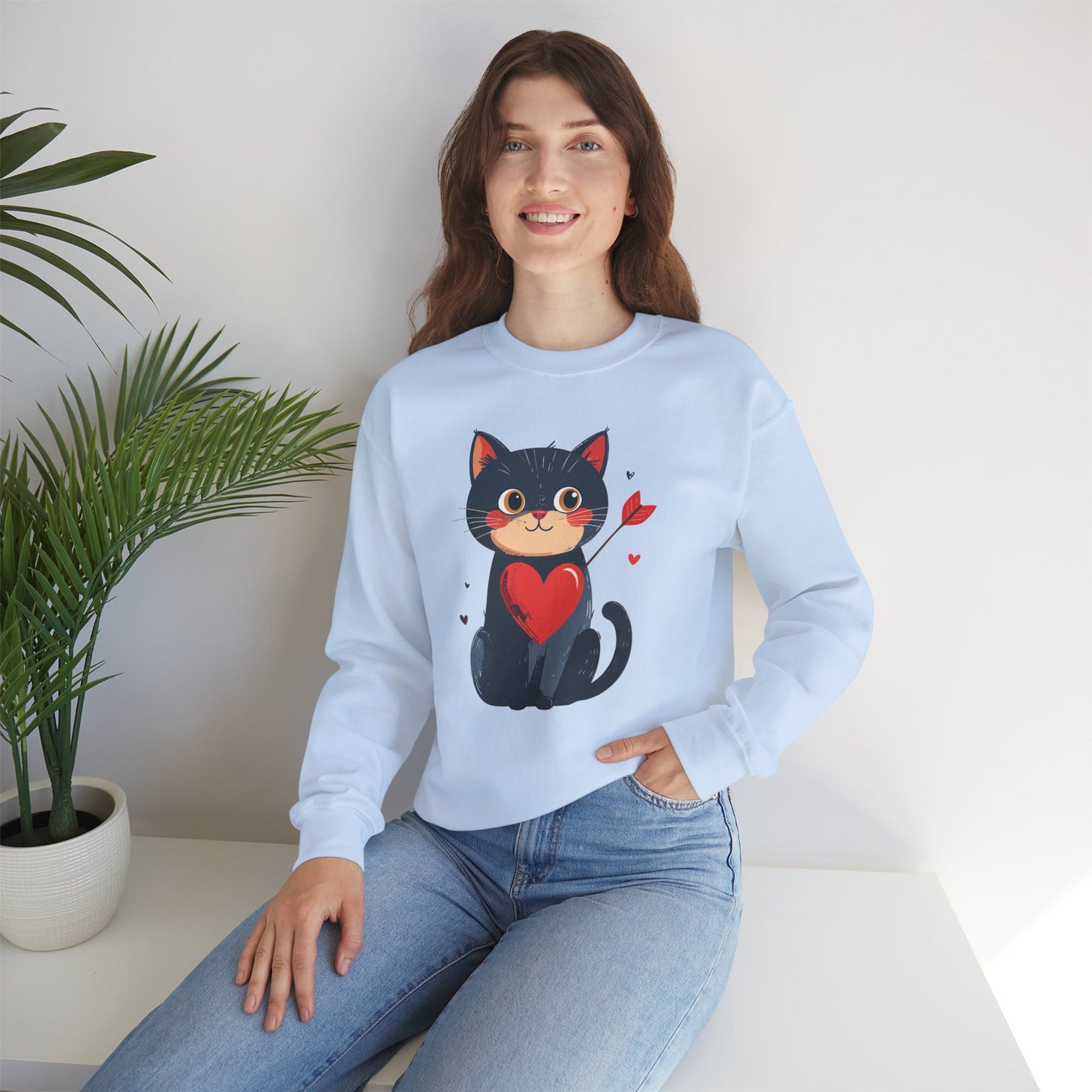 Cat Heart Sweatshirt Unisex Valentines Day Fifty Fifty Cotton Poly 8 Oz Heavy Blend