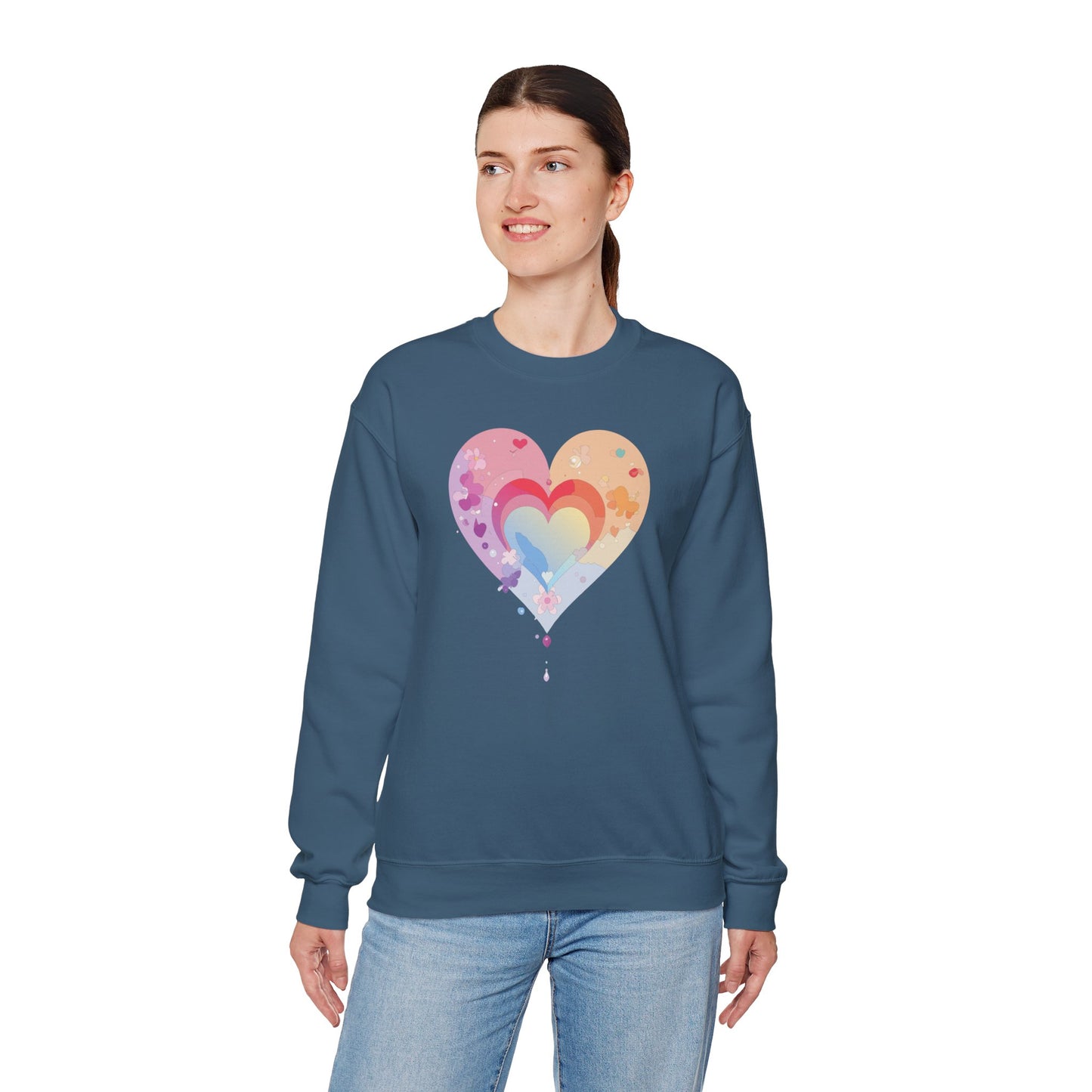 Rainbow Heart Floral Sweatshirt Unisex Valentines Day Gift Cozy Crewneck Sweatshirt