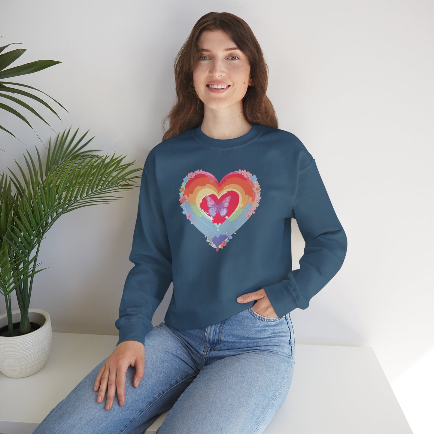 Rainbow Heart Floral Sweatshirt For Valentines Day Unisex Heavy Blend Crewneck Warm