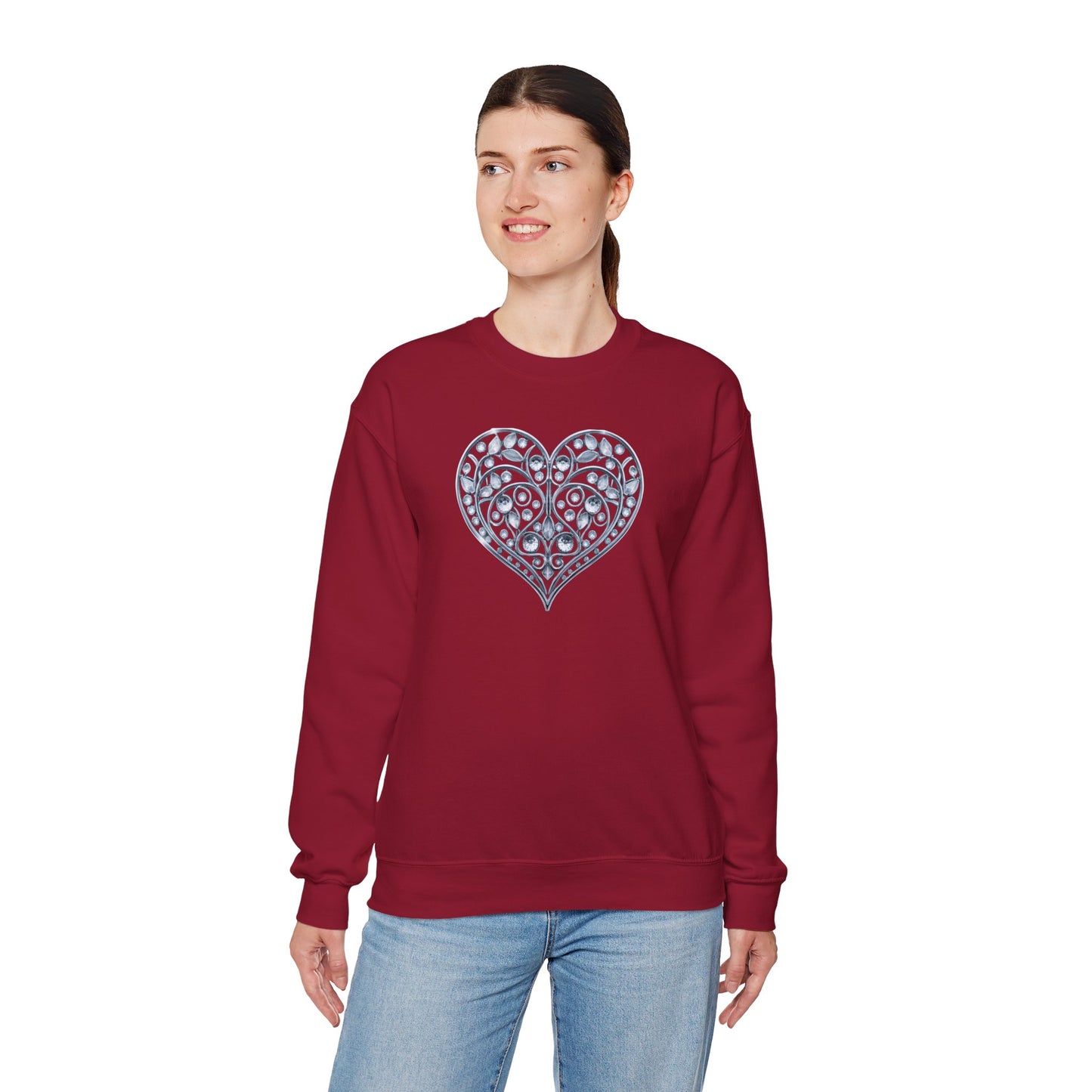 Big Crystal Heart Sweatshirt Unisex Fifty Fifty Cotton Poly Crewneck Valentines Day Sweatshirt