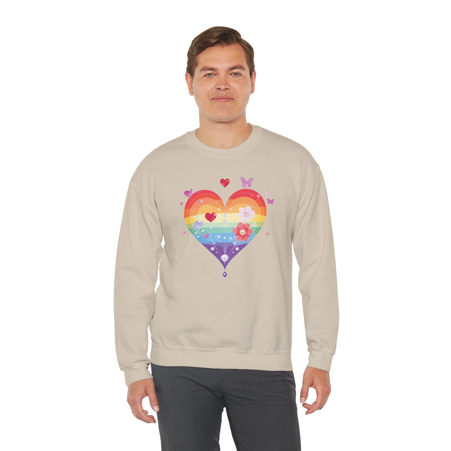 Rainbow Heart Floral Sweatshirt Unisex Valentines Day Graphic Love Sweatshirt Gift Idea