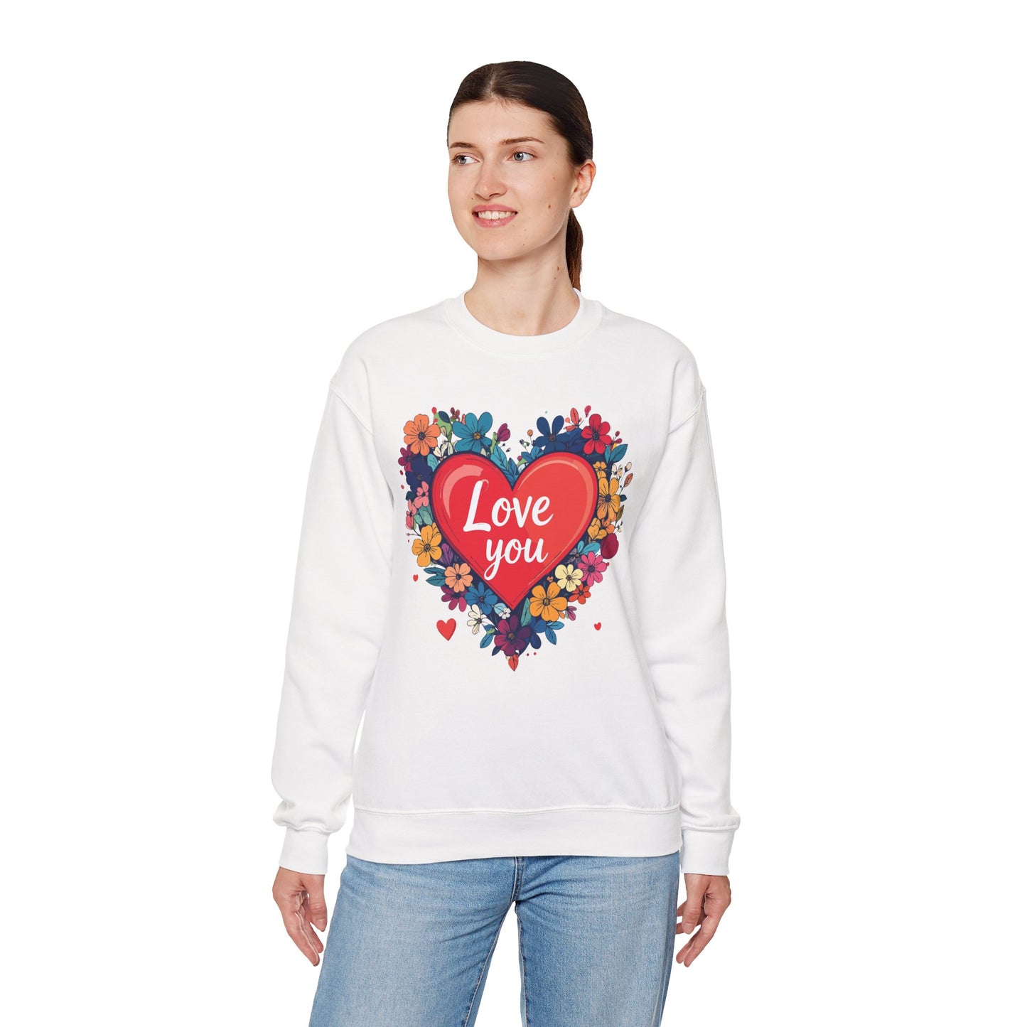 Unisex Floral Heart Sweatshirt Valentines Day Gift Cozy Crewneck Fifty Fifty Blend