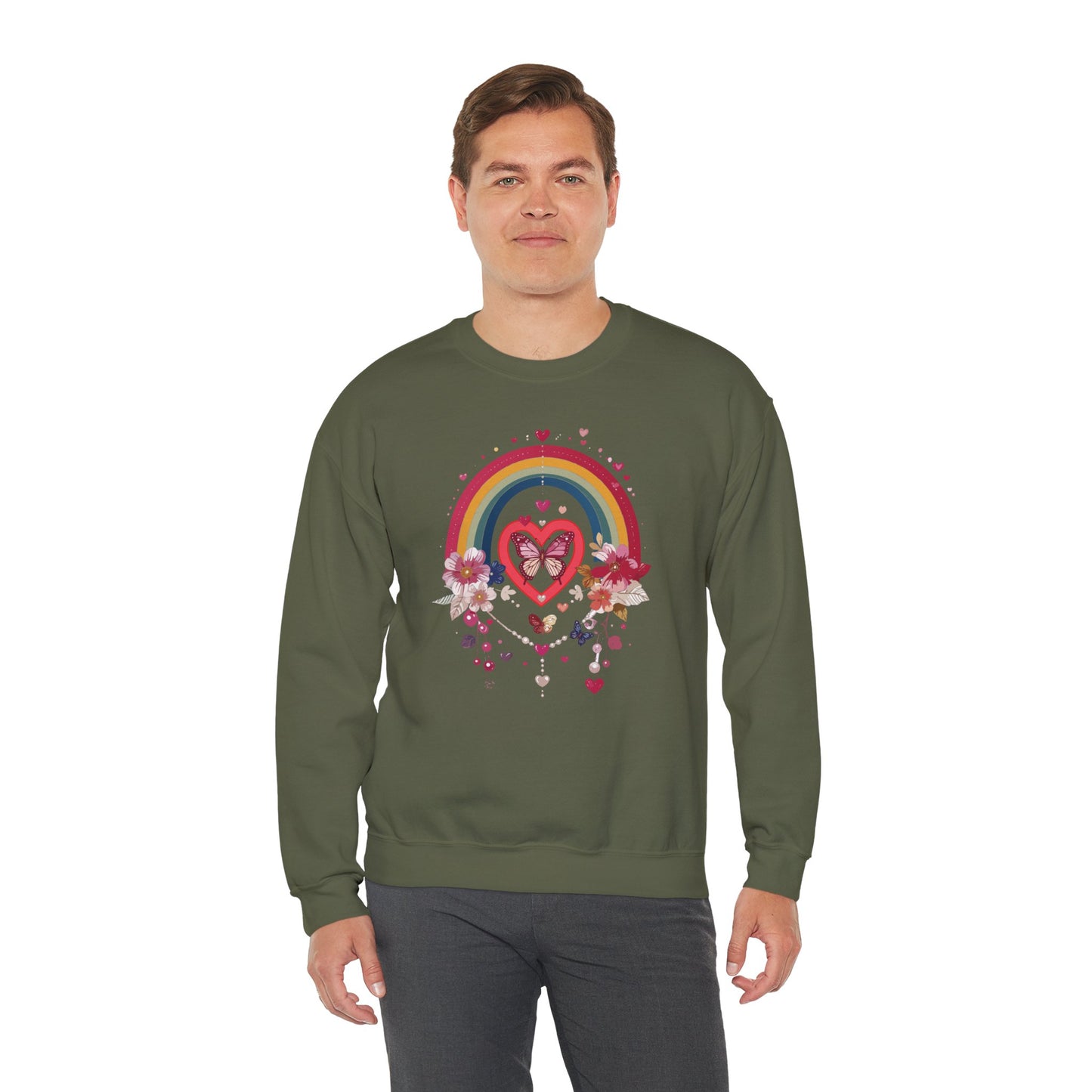 Rainbow Heart Floral Unisex Sweatshirt Crewneck Love Valentine's Day Graphic Gildan 18000