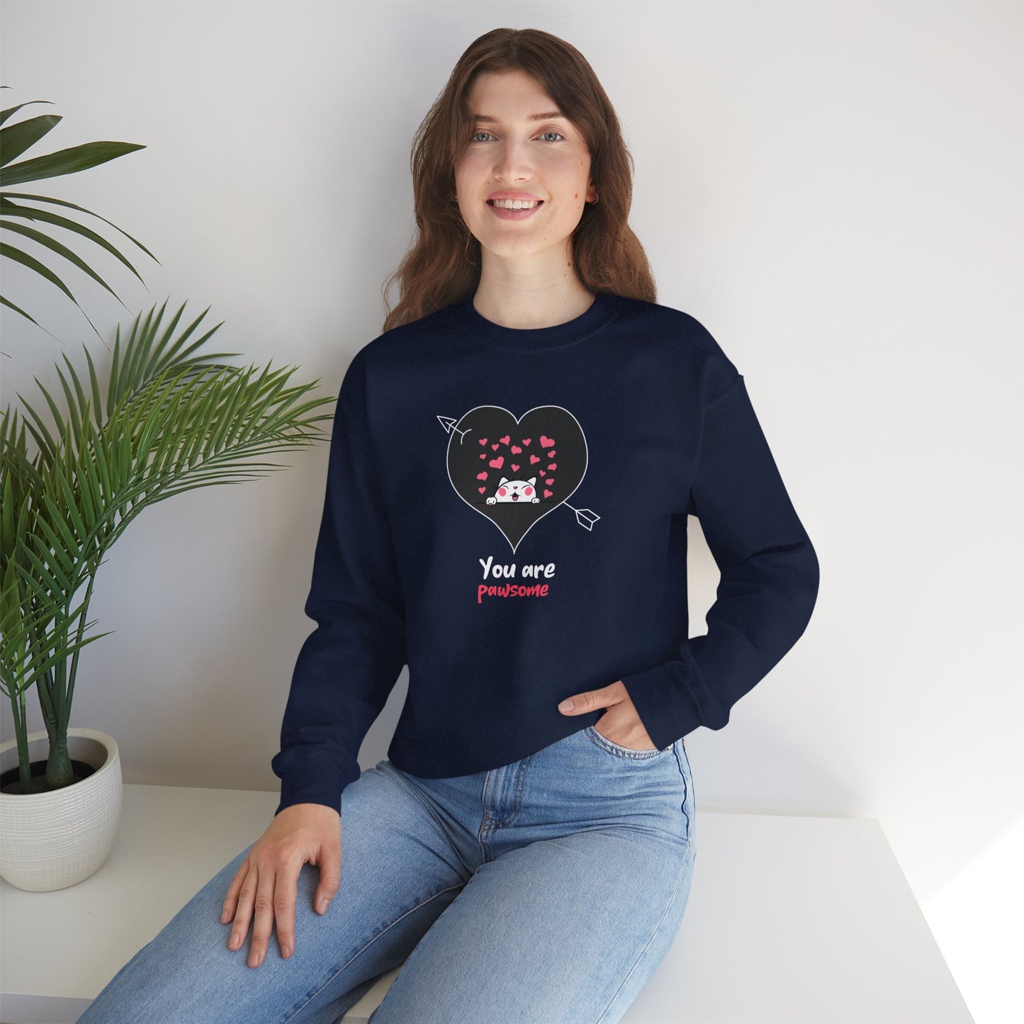 Cat Heart Sweatshirt Valentines Day Fifty Fifty Cotton Poly Unisex Crewneck Gift Idea
