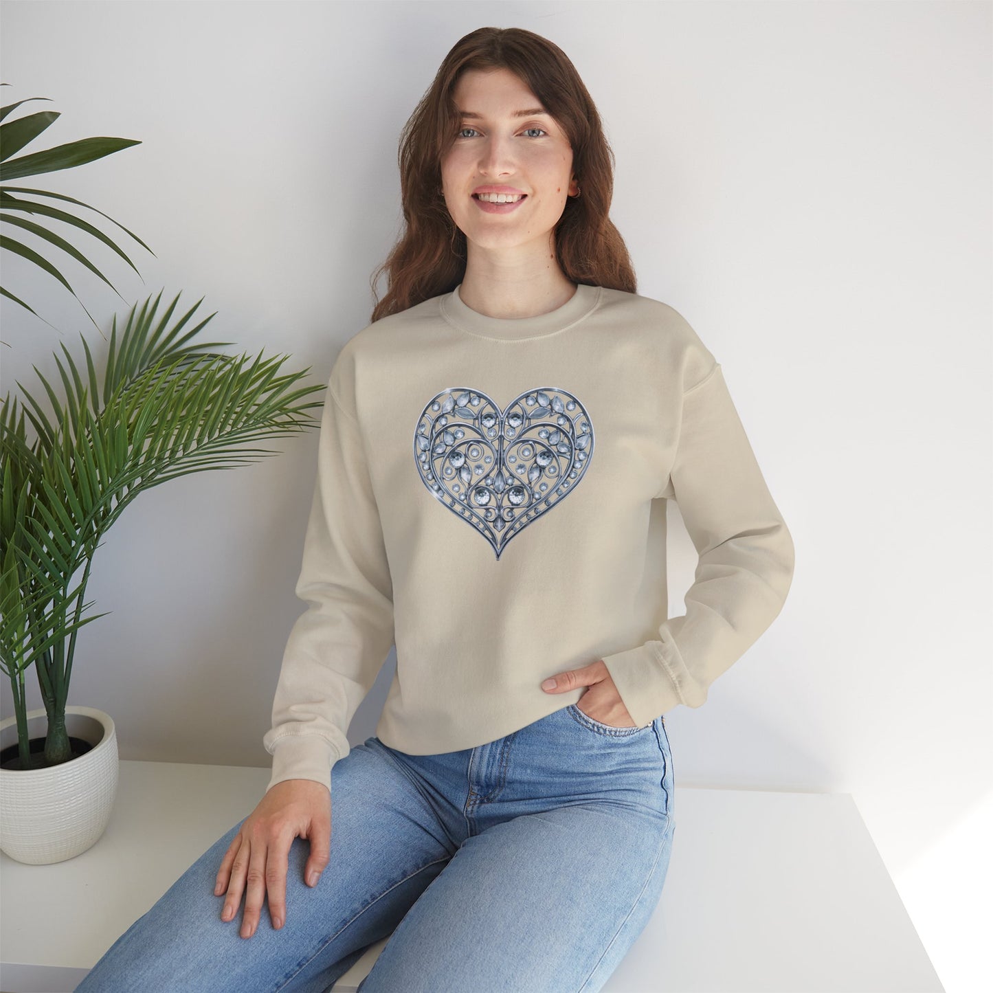 Big Crystal Heart Sweatshirt Unisex Fifty Fifty Cotton Poly Crewneck Valentines Day Sweatshirt
