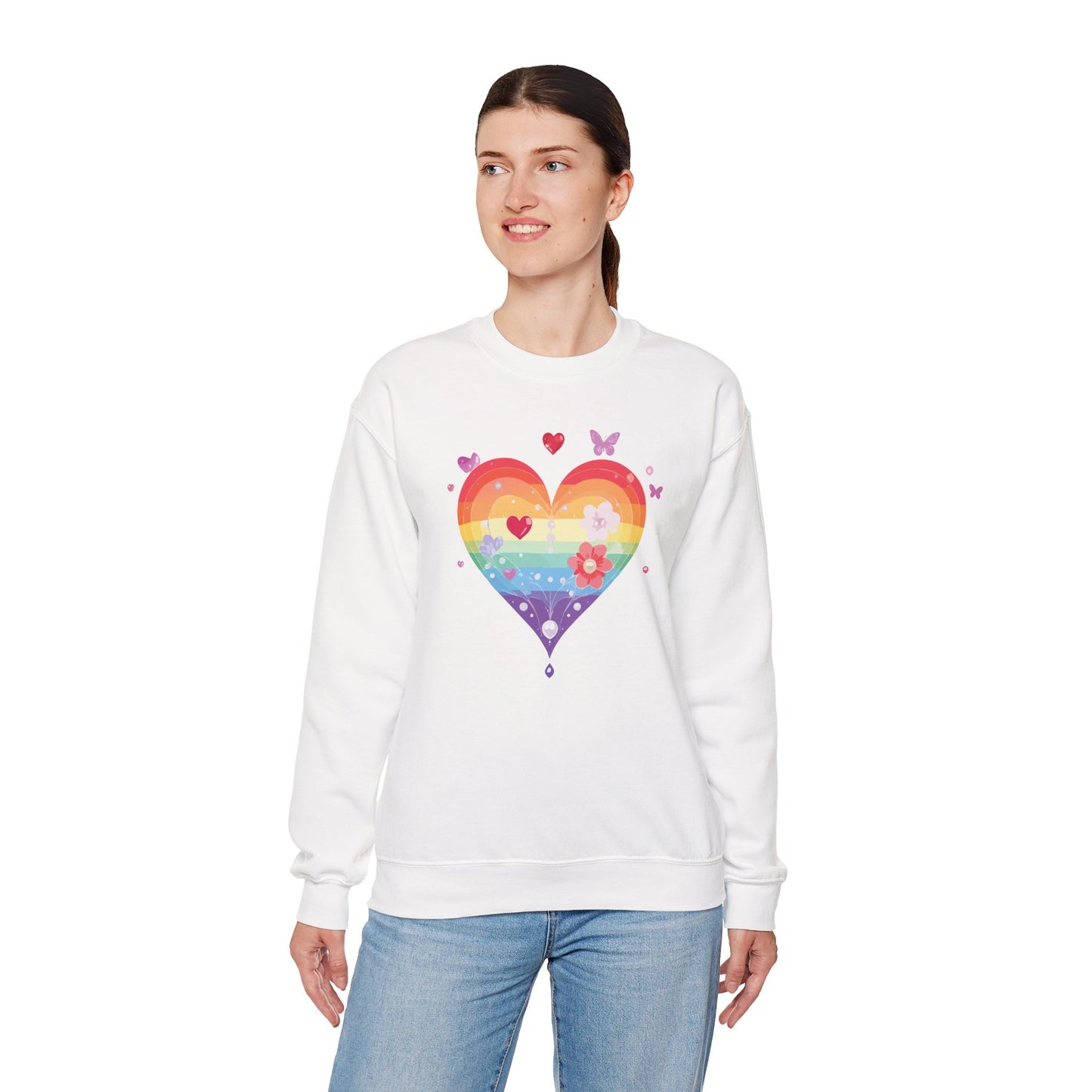 Rainbow Heart Floral Sweatshirt Unisex Valentines Day Graphic Love Sweatshirt Gift Idea