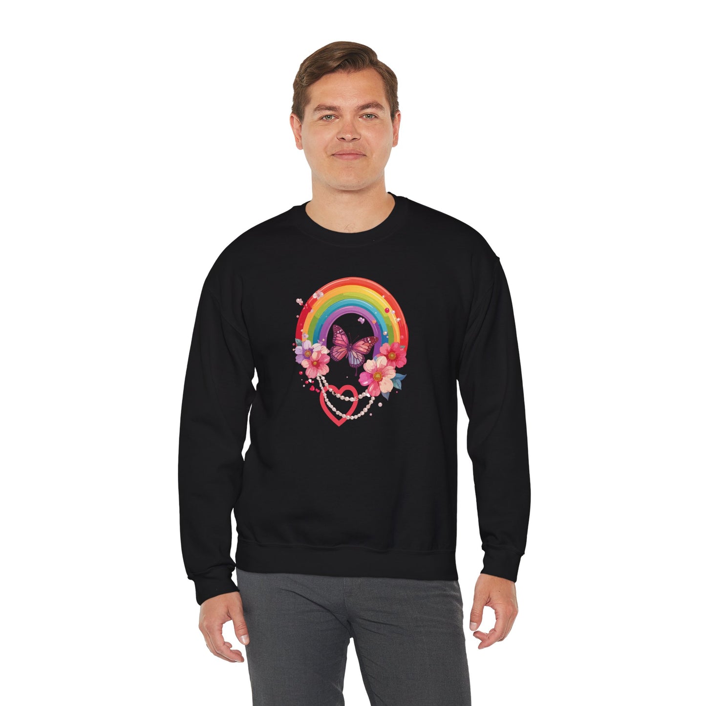 Rainbow Heart Floral Sweatshirt Unisex Valentines Day Love Gift Gildan 18000 Sweatshirt