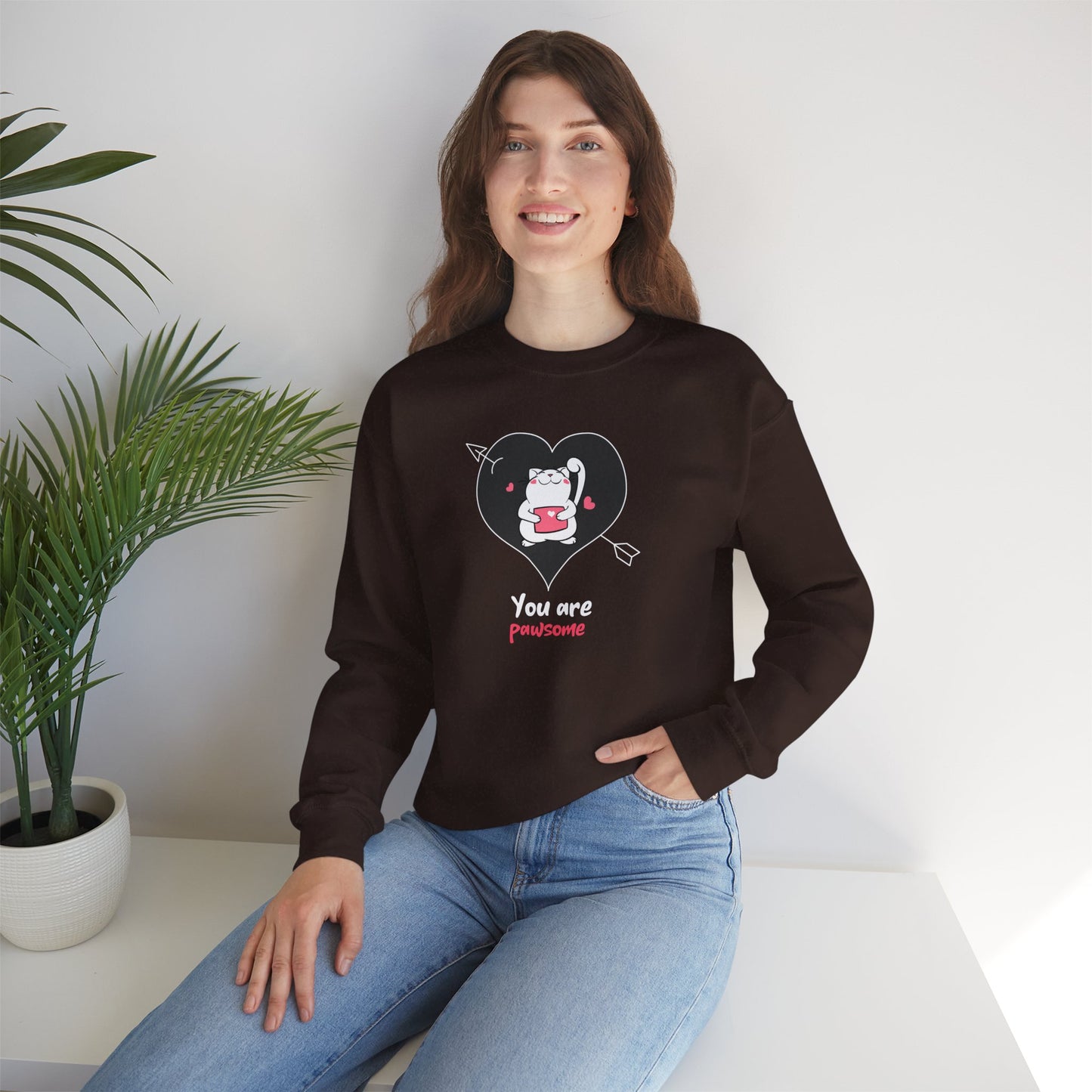 Cat Heart Sweatshirt Unisex Valentines Day Fifty Fifty Cotton Poly Crewneck Gildan 18000