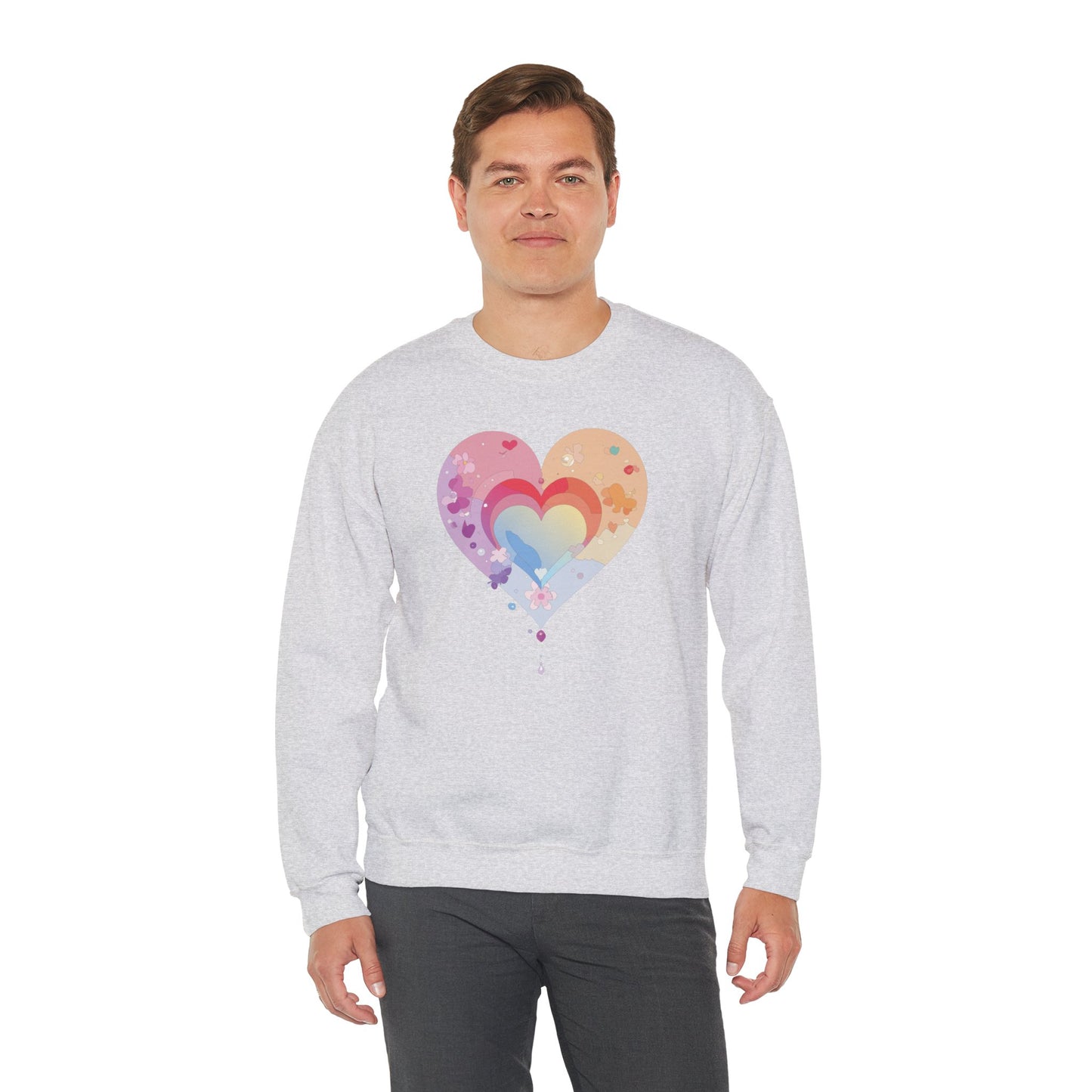 Rainbow Heart Floral Sweatshirt Unisex Valentines Day Gift Cozy Crewneck Sweatshirt