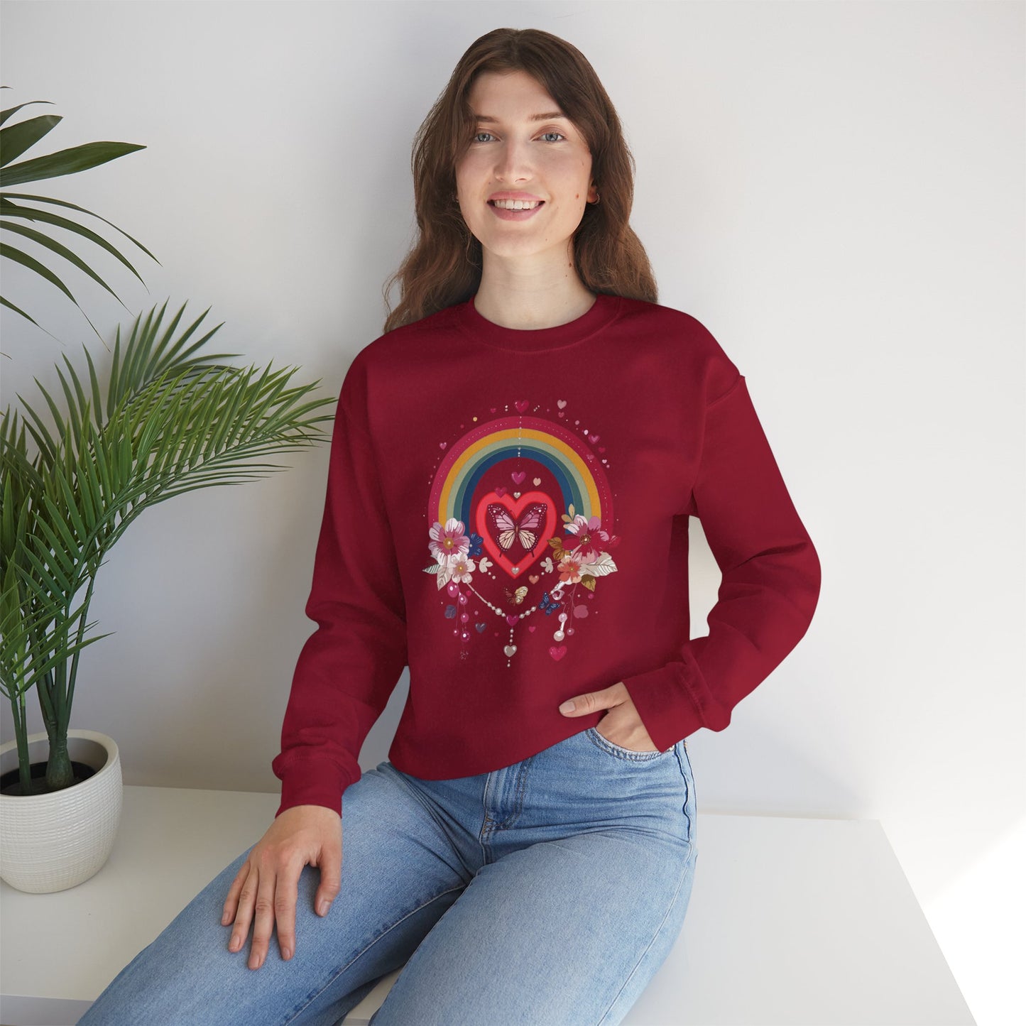Rainbow Heart Floral Unisex Sweatshirt Crewneck Love Valentine's Day Graphic Gildan 18000