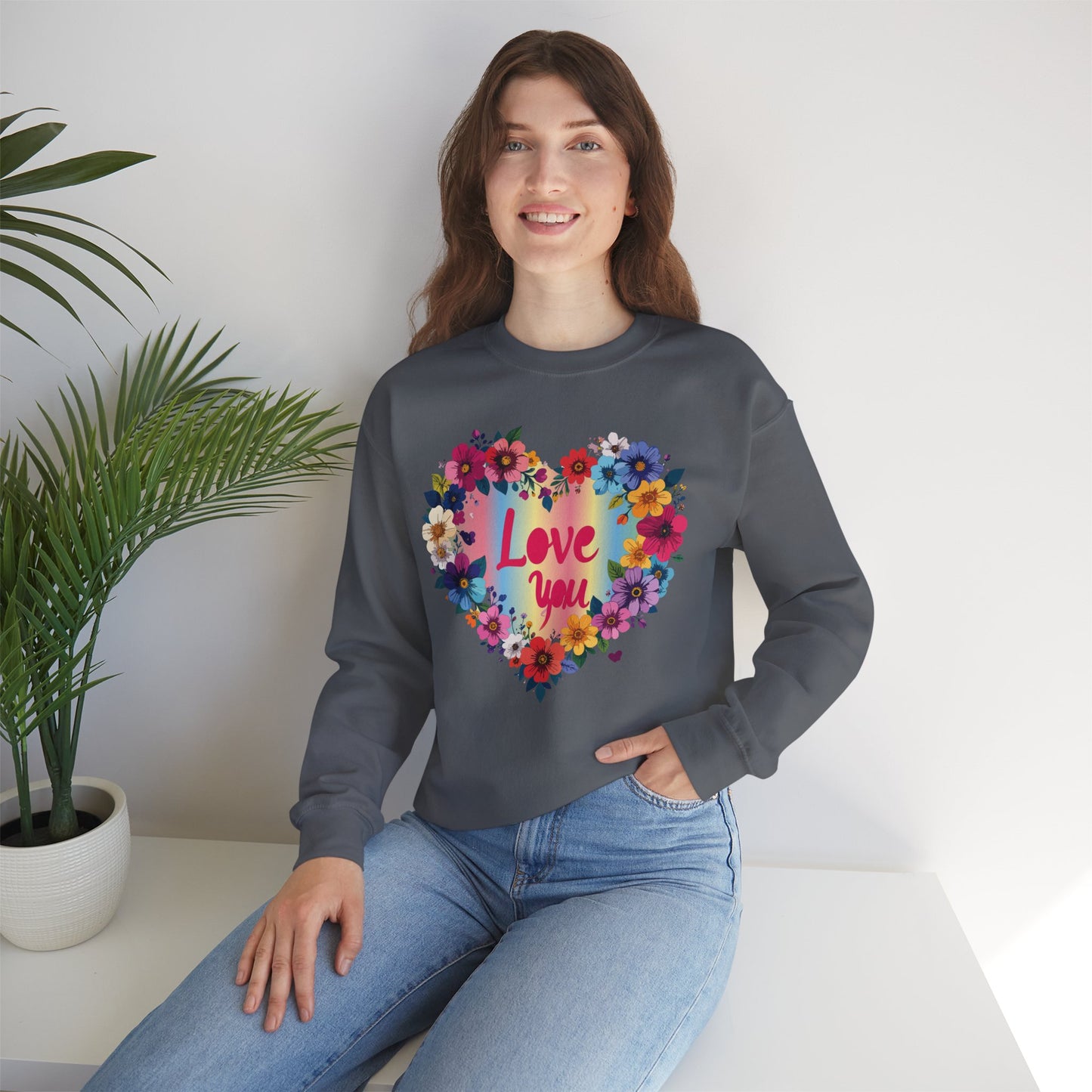Valentines Day Floral Heart Sweatshirt Unisex Crewneck Floral Love You Gildan 18000 Heavy Blend