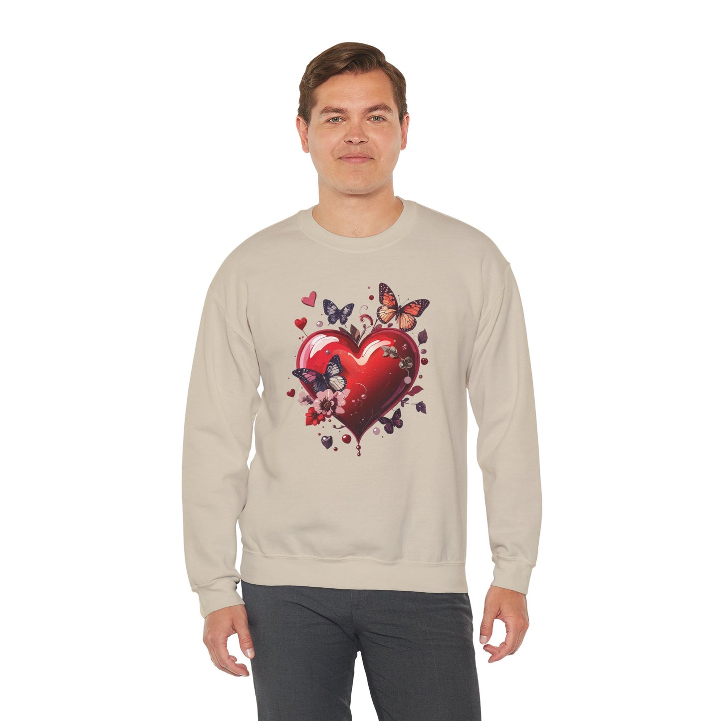 Unisex Heavy Blend Crewneck Sweatshirt Red Heart Floral Design Valentines Day Gift