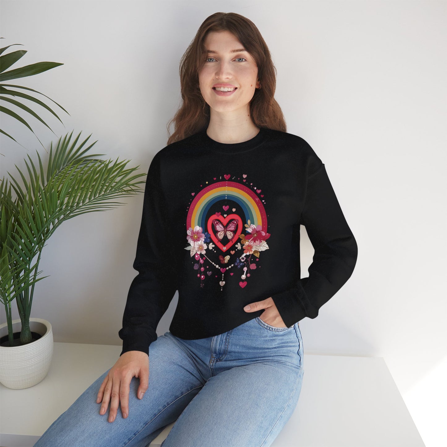 Rainbow Heart Floral Unisex Sweatshirt Crewneck Love Valentine's Day Graphic Gildan 18000